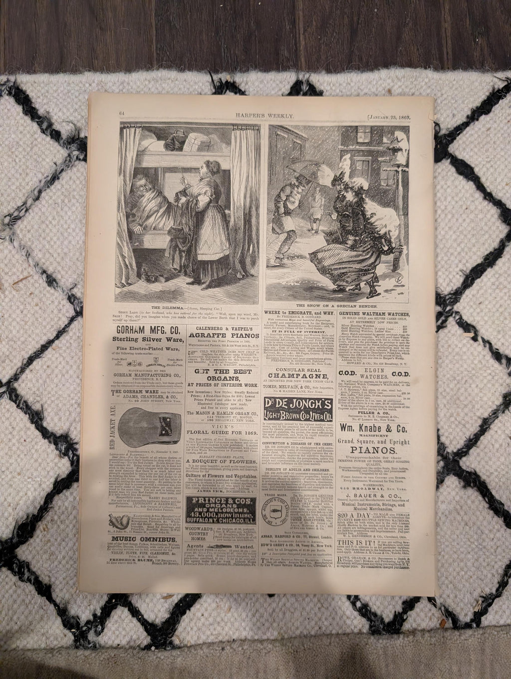 Harper’s Weekly, January 23, 1869 | “The Harp Girl” Front Page | Trotters on the Snow | Sleigh Ride | Antique Illustrated Newspaper