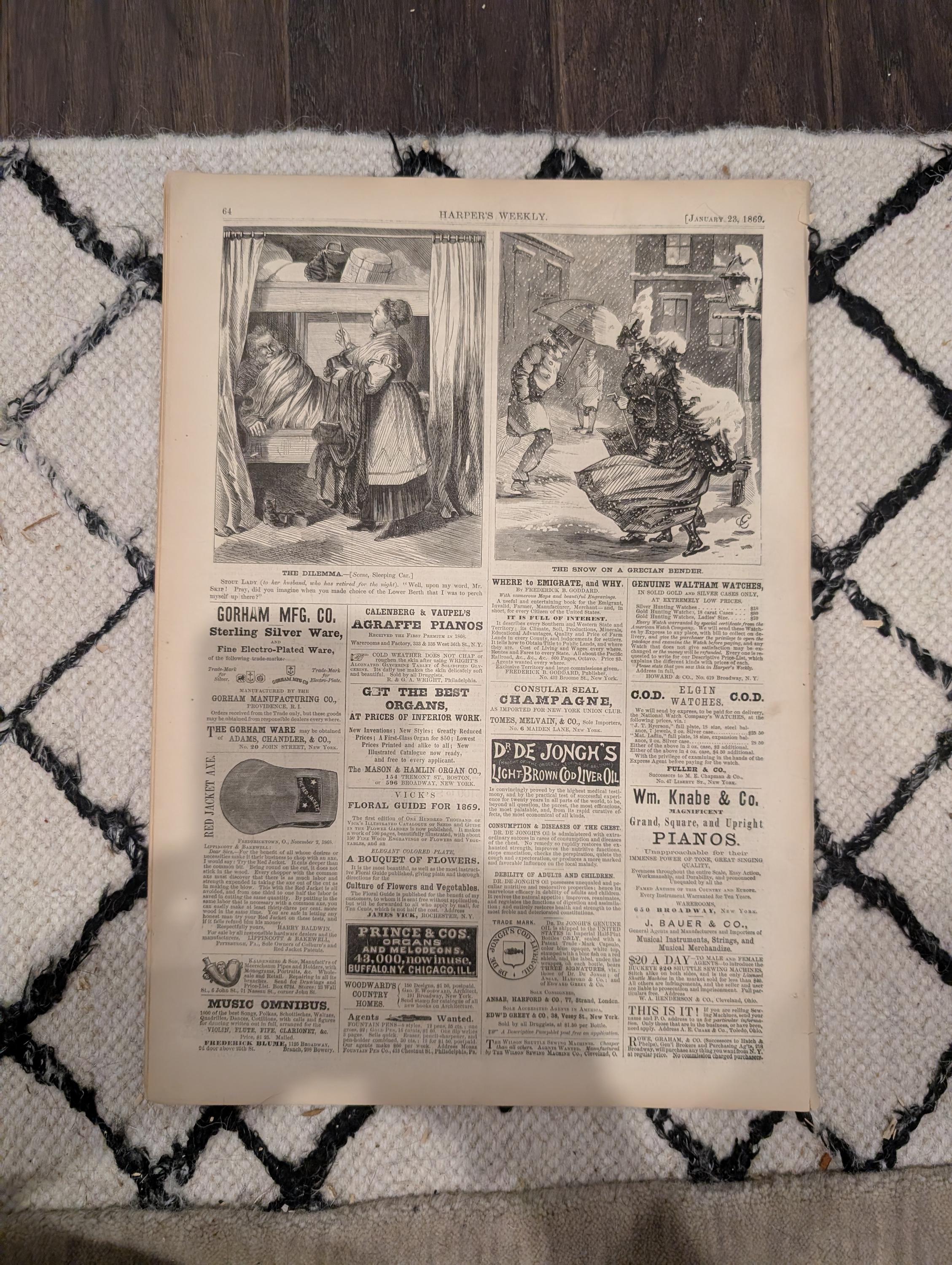 Harper’s Weekly, January 23, 1869 | “The Harp Girl” Front Page | Trotters on the Snow | Sleigh Ride | Antique Illustrated Newspaper