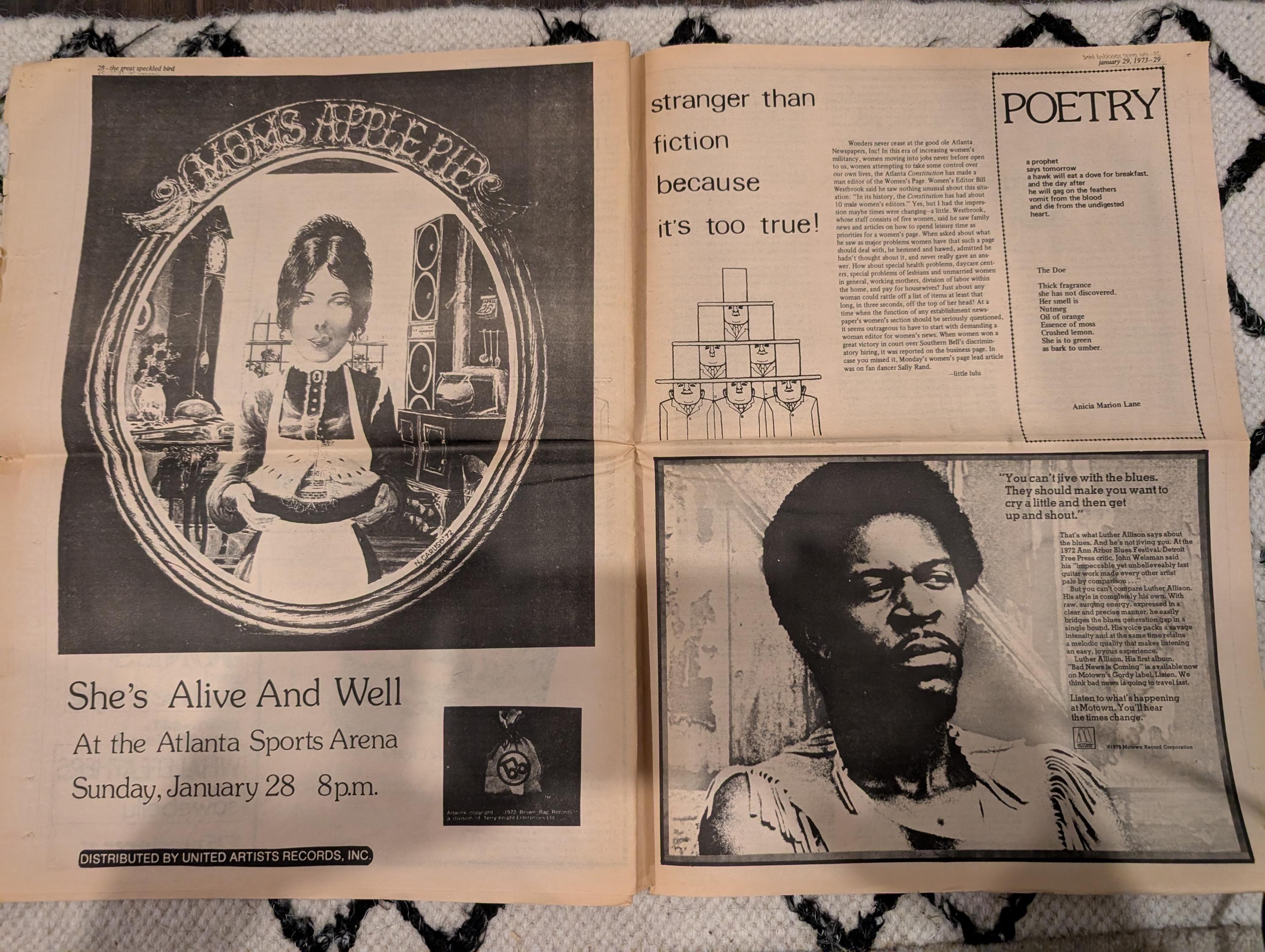 Vintage Underground Newspaper – The Great Speckled Bird – January 29, 1973 – Atlanta Counterculture, Roe v. Wade, MLK March, Richard’s Rock
