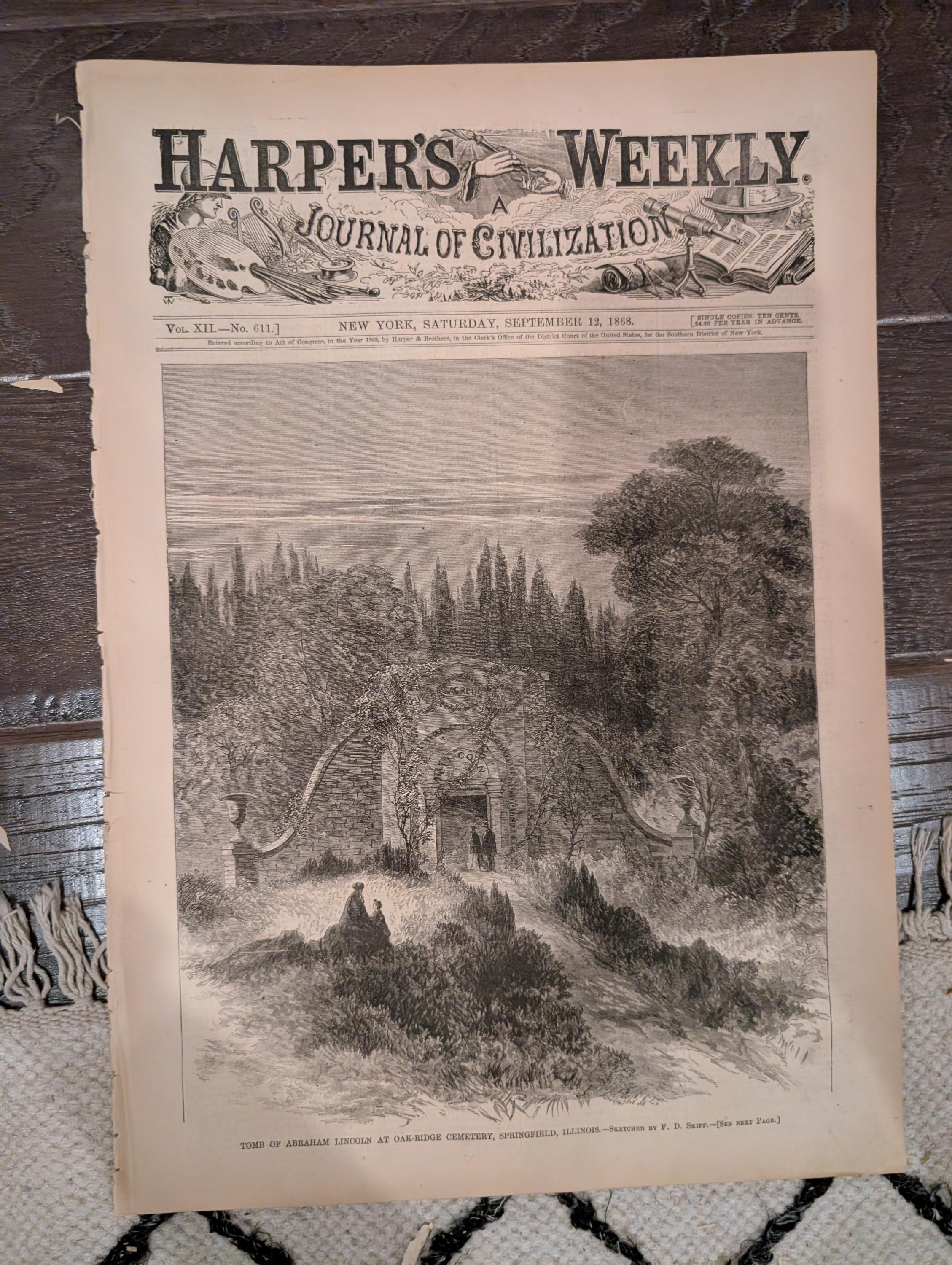 Harper’s Weekly – September 12, 1868 – Lincoln’s Tomb • Martha’s Vineyard Camp Meeting • Prospect Park Views • Bird Hunting • NYC Street Lif