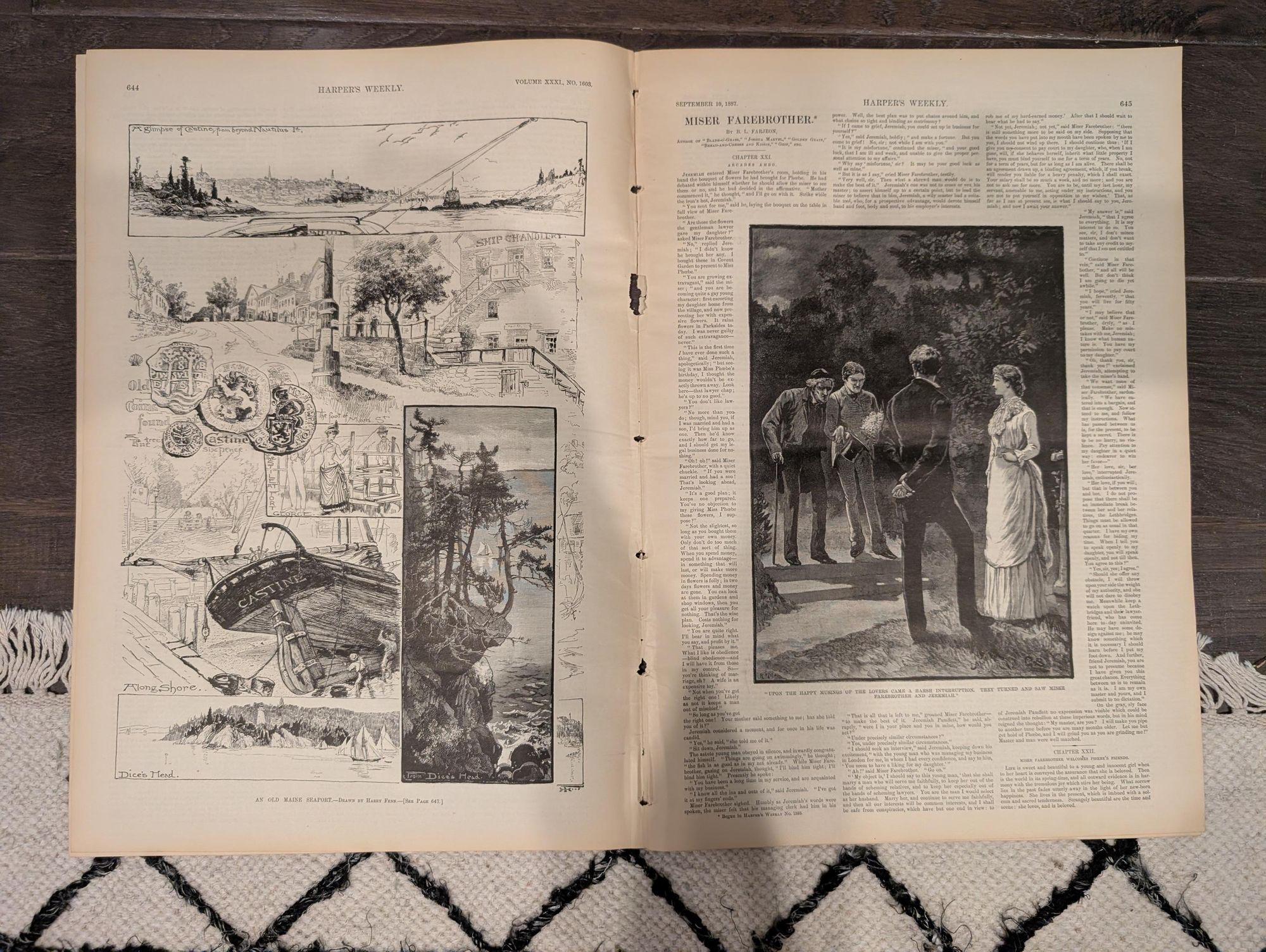 1887 Early Baseball, Harpers Weekly September 10  Iconic Thrown Out On Second Baseball Centerfold, Fortress Monroe Cover, Castine Maine