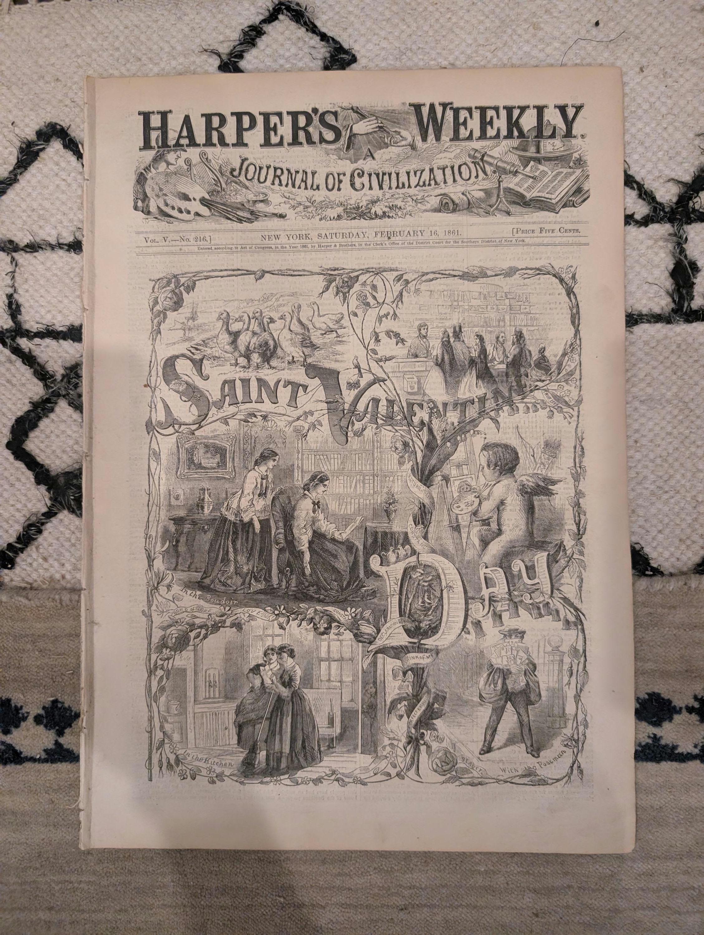 1861 Saint Valentine's Day Harper's Weekly Feb 16 Fort Sumter New Orleans