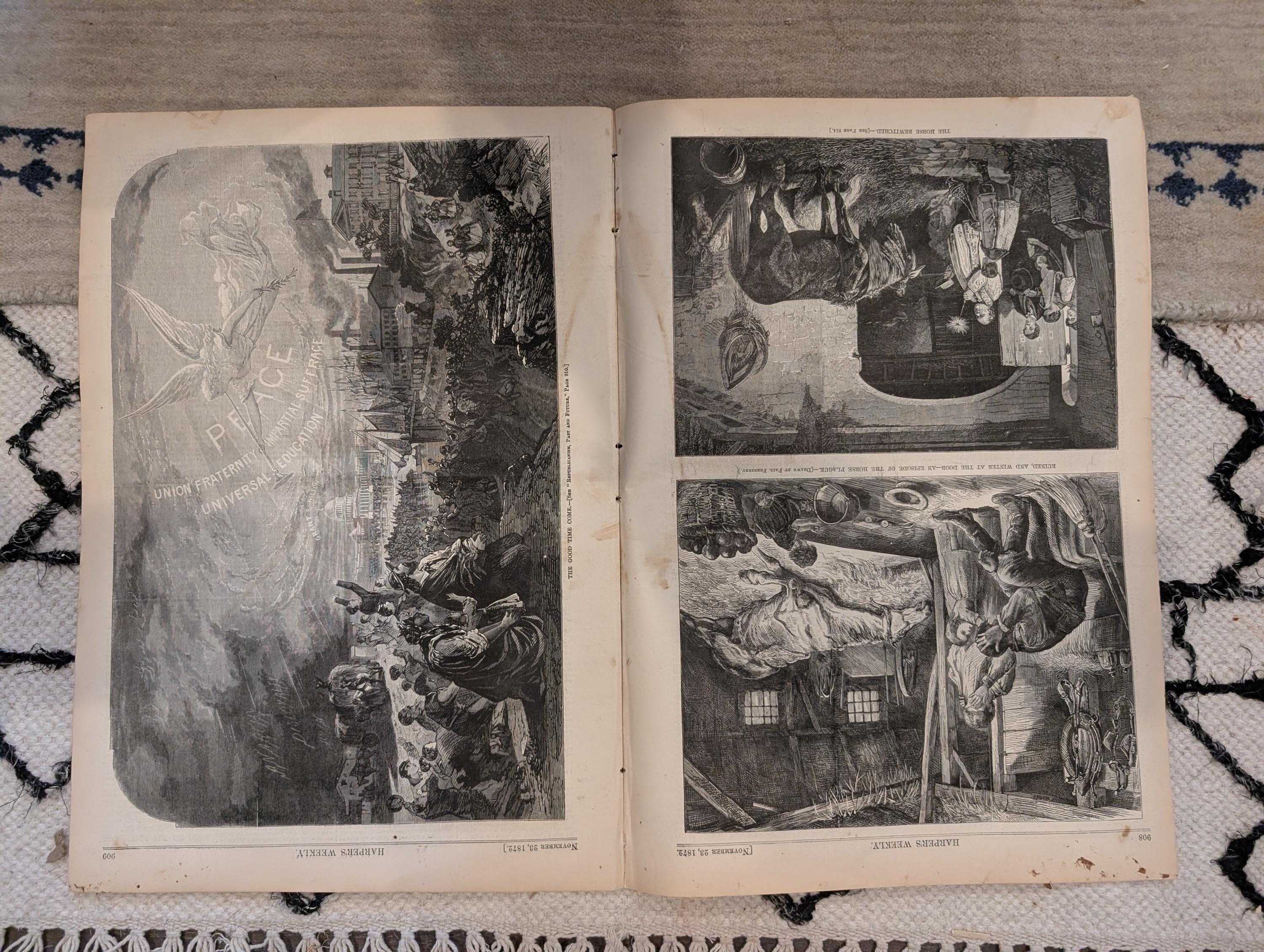 1872 Nast Clasping Hands Harper's Weekly Nov 23 Horse Plague Darjeeling