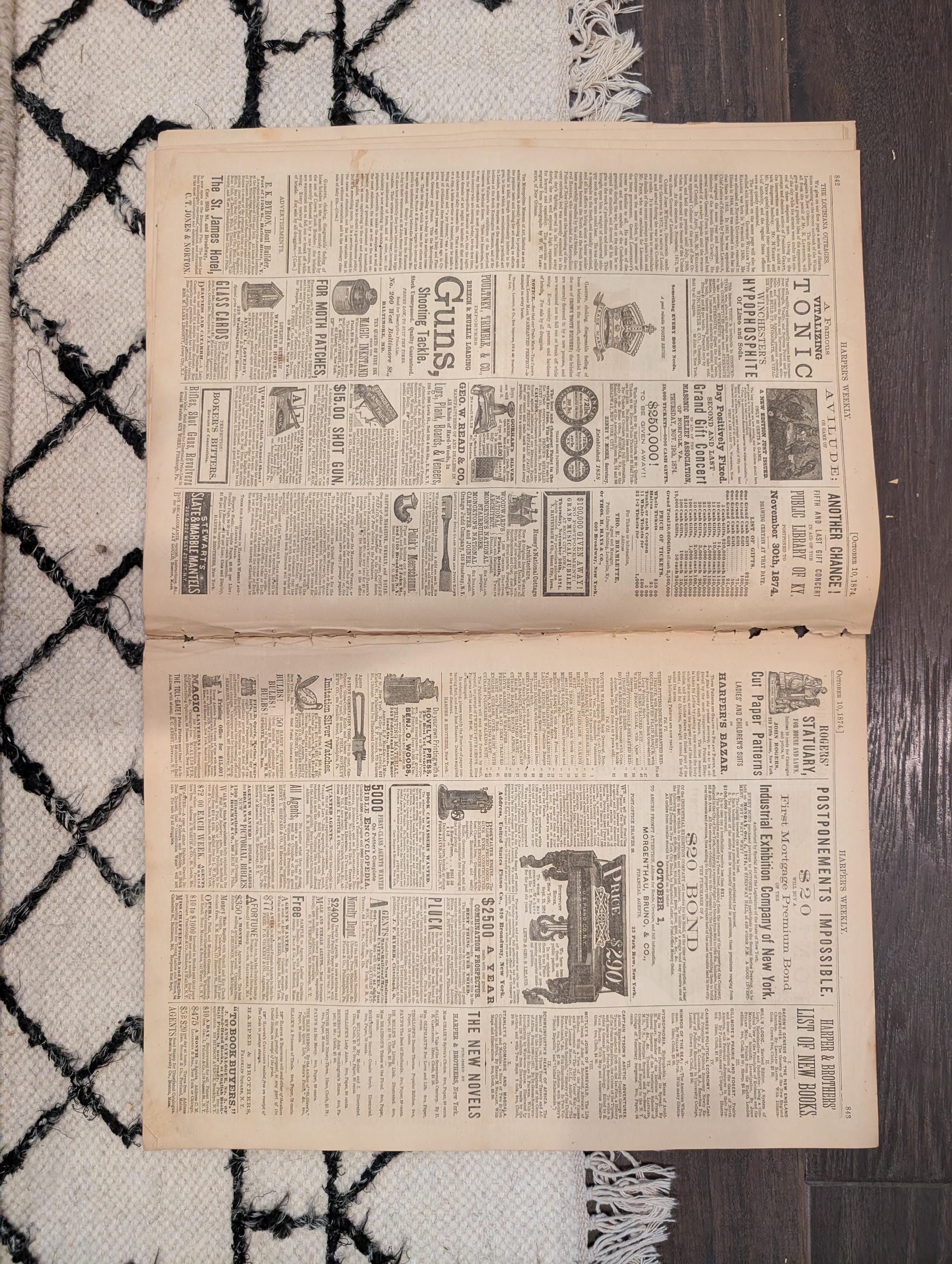 1874 Wild Boar Hunt Centerfold, Louisiana Outrages, Rifle Match — Oct 10