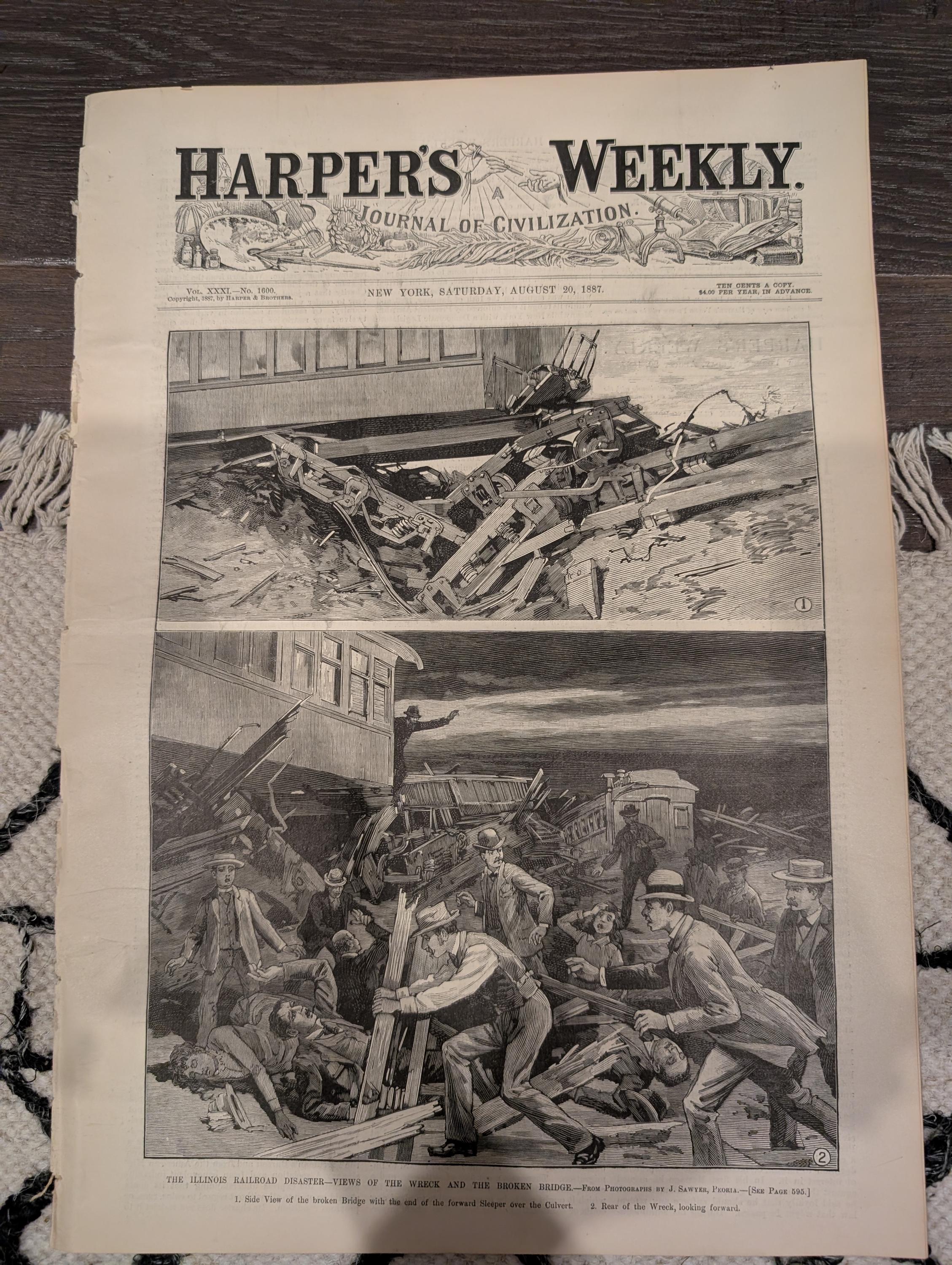 Harper’s Weekly – August 20, 1887 – Illinois Railroad Disaster, Cotton Picking in the South, Great Northern Views, Pears Soap Ad & More