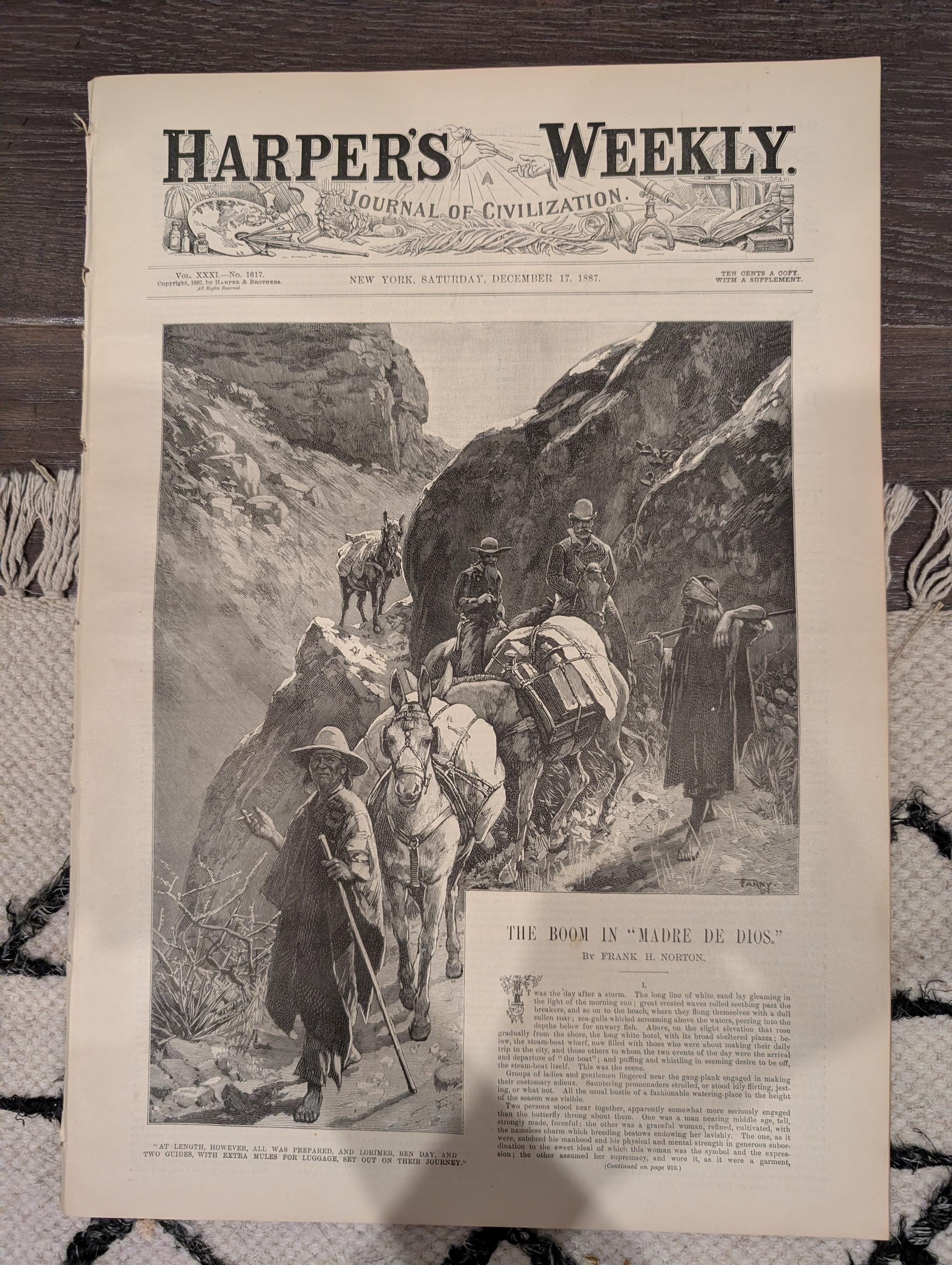 Harper’s Weekly – December 17, 1887 – Frederick Stuart Church Christmas Supplement • A.B. Frost • Logging Camp • Madre de Dios