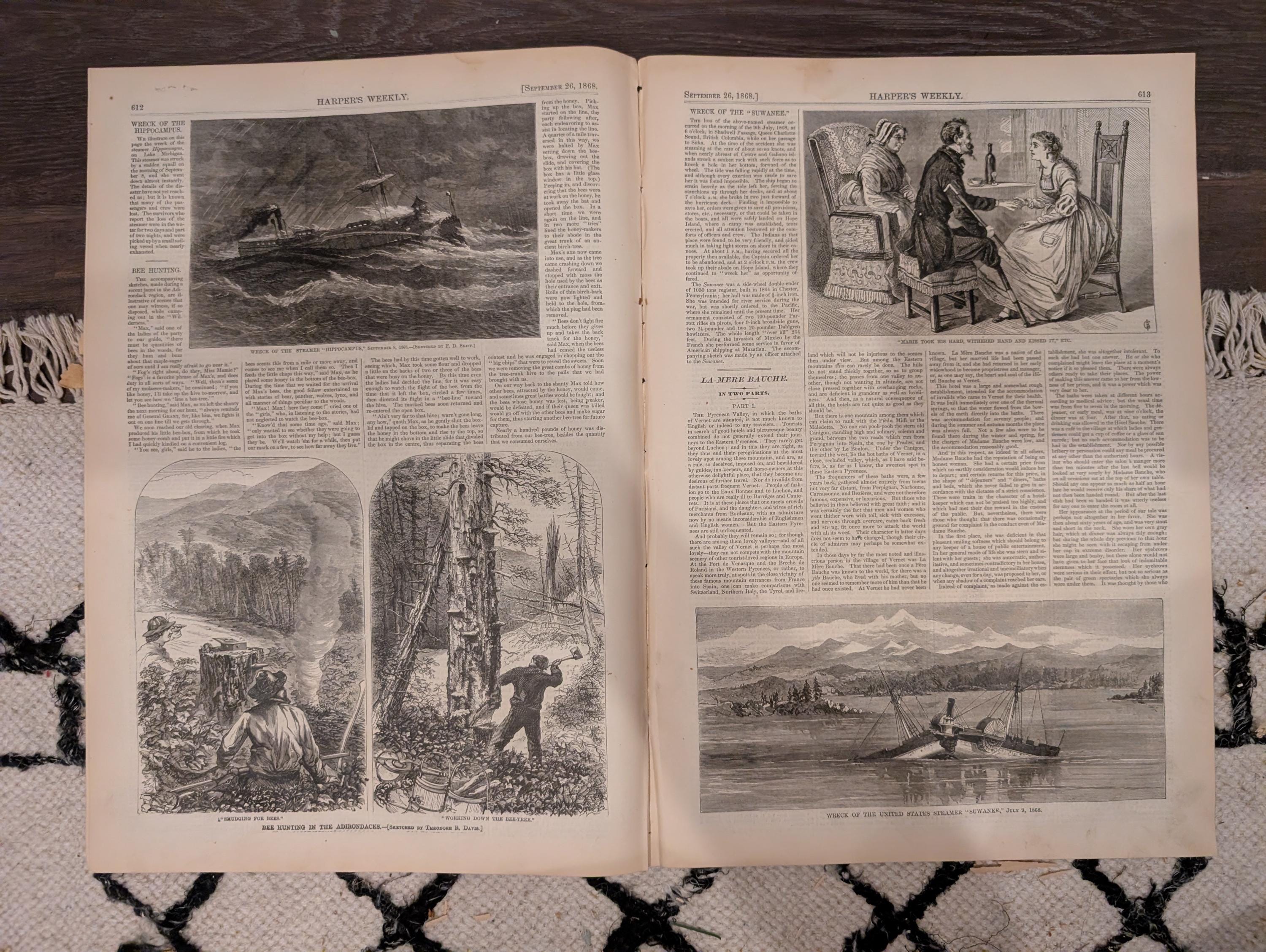 Harper’s Weekly – September 26, 1868 – Bee Hunting in the Adirondacks • Nast Cartoon • South American Earthquakes • Shipwrecks • Reconstruct