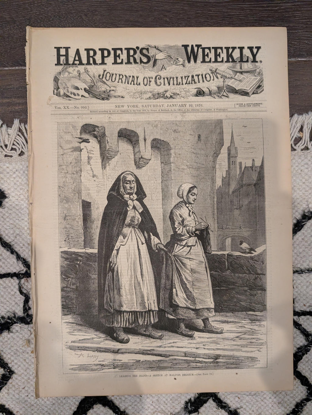 Harper’s Weekly January 22, 1876 – Victorian Engravings, Social History, Tiger Cartoon, Winter Sleigh Scene