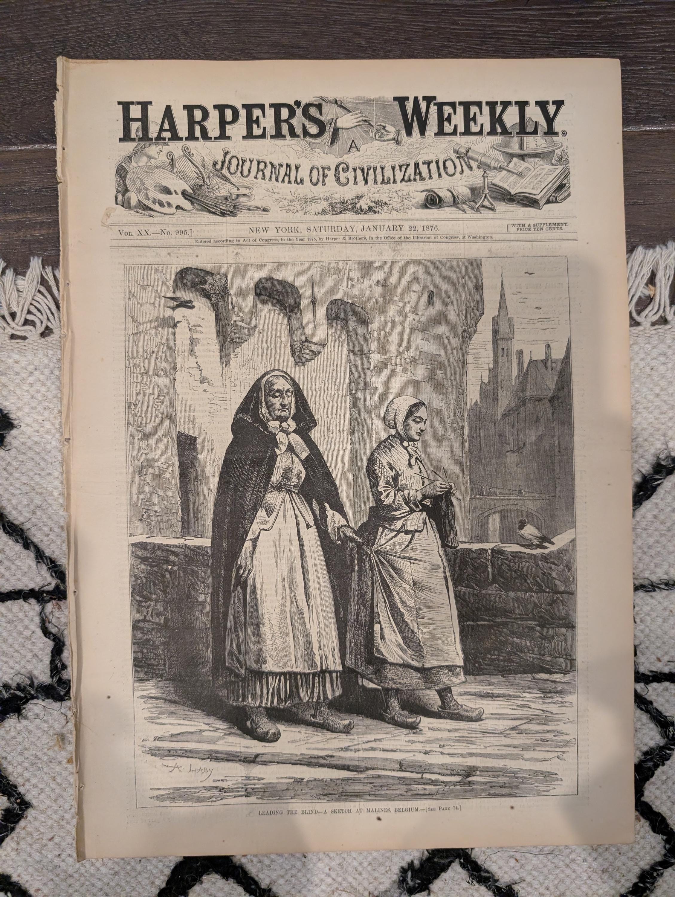 Harper’s Weekly January 22, 1876 – Victorian Engravings, Social History, Tiger Cartoon, Winter Sleigh Scene