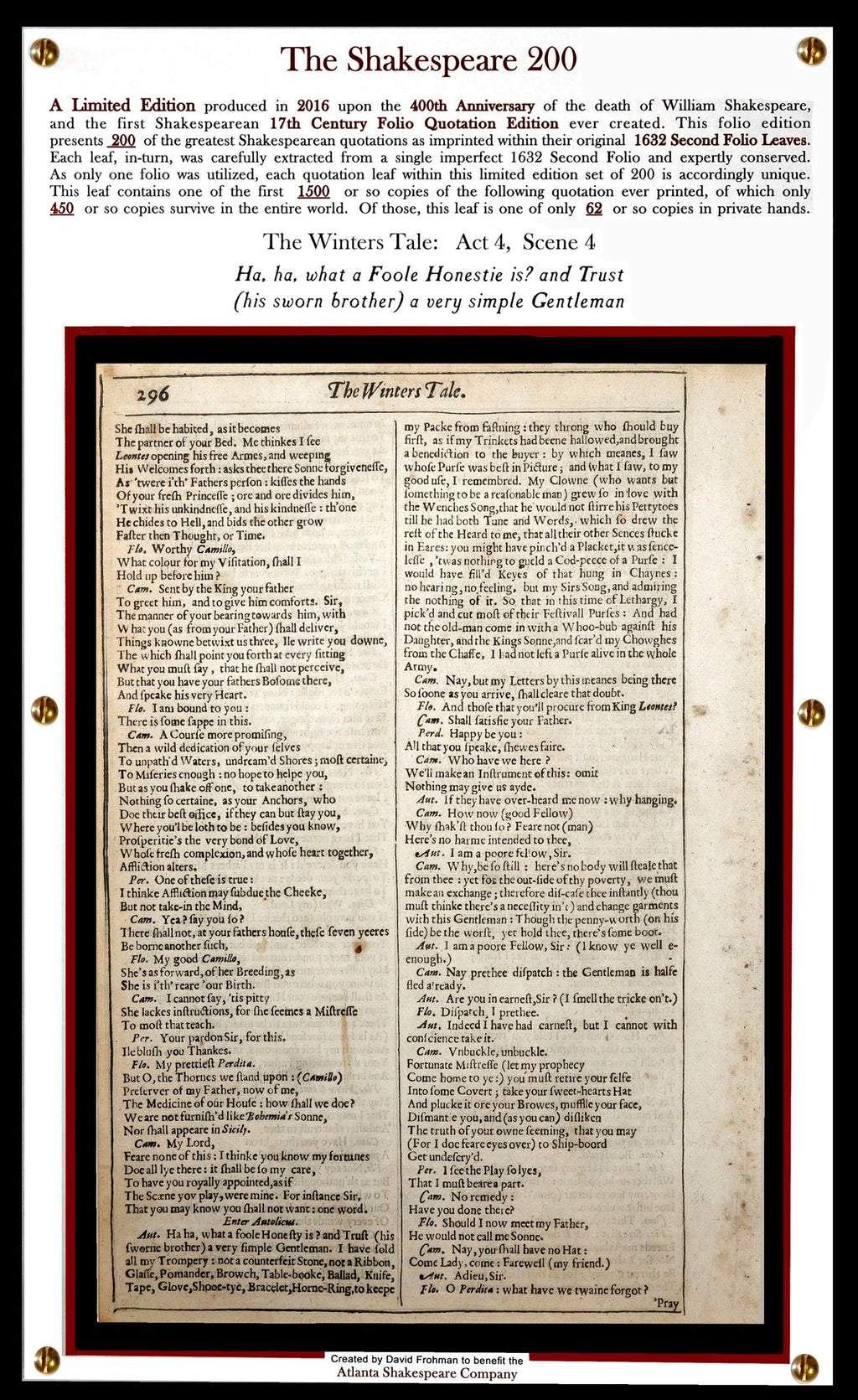 1632 Shakespeare Second Folio Leaf | The Winters Tale: Act 4, Scene 4