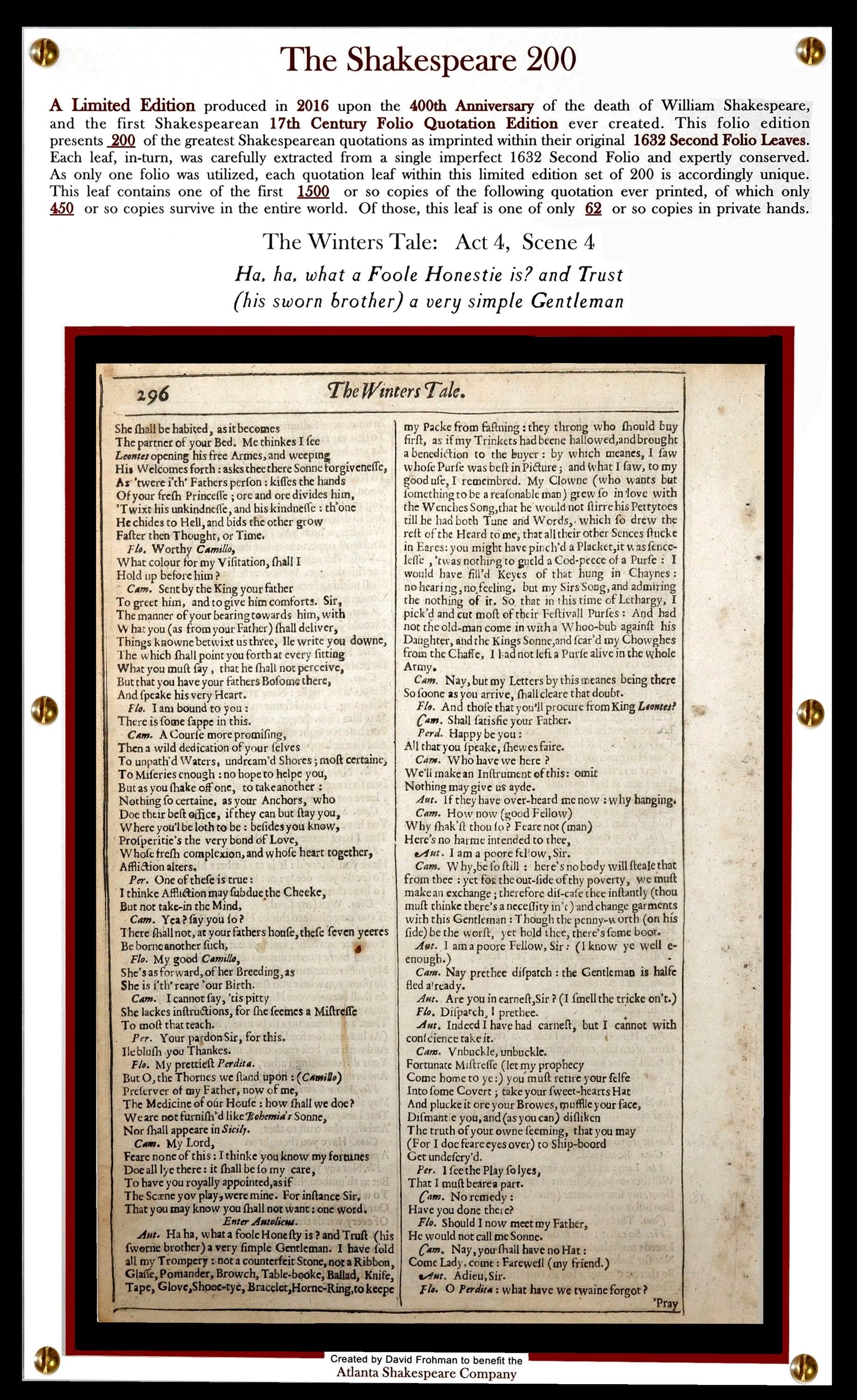 1632 Shakespeare Second Folio Leaf | The Winters Tale: Act 4, Scene 4