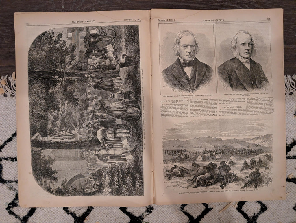 Harper’s Weekly – October 17, 1868 – Boys in Blue Parade • Life-Preserving Apparatus • Scenes in the Life of a Trapper • Indian Engagement