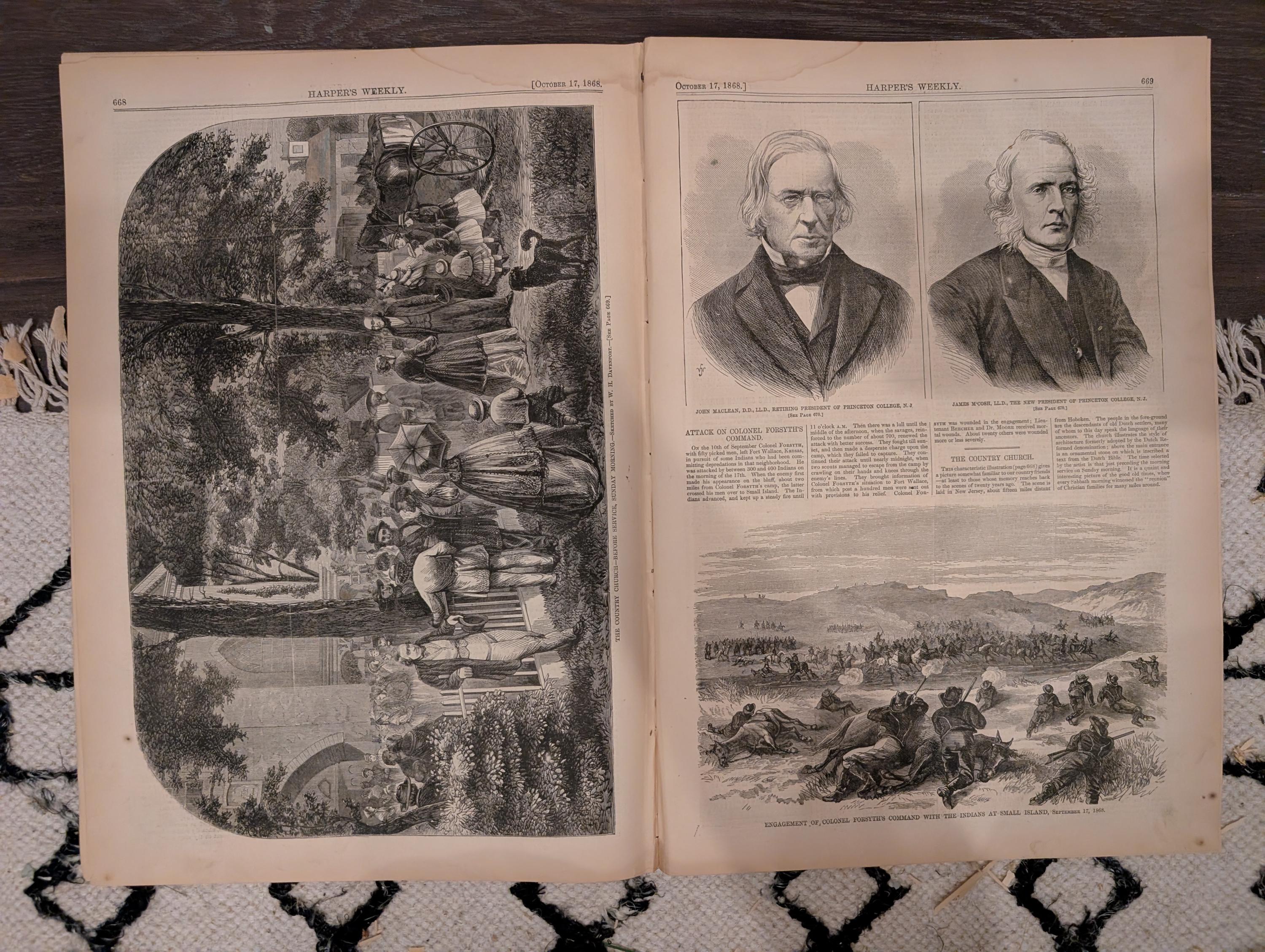 Harper’s Weekly – October 17, 1868 – Boys in Blue Parade • Life-Preserving Apparatus • Scenes in the Life of a Trapper • Indian Engagement