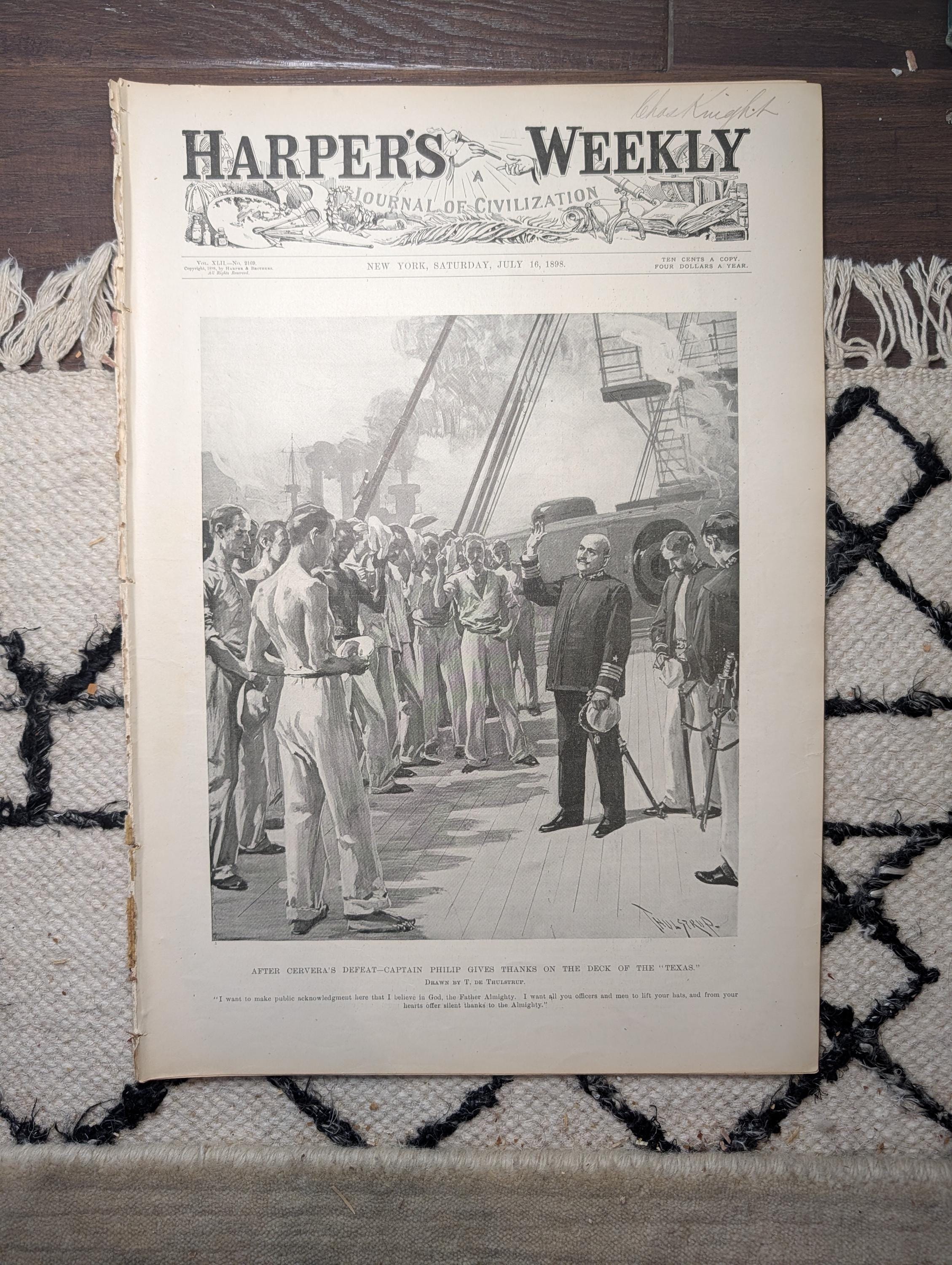 1898 Captain Philip Gives Thanks on USS Texas, Cuba Landing, Manila — Jul 16