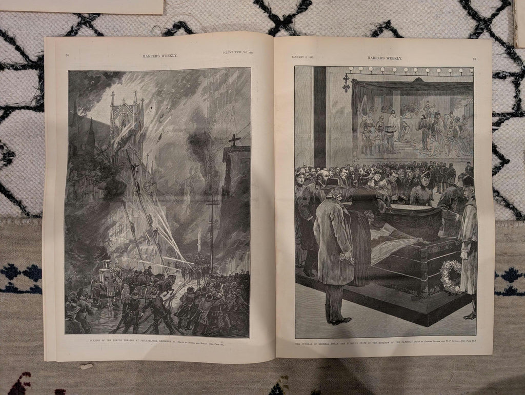 Harper’s Weekly – January 8, 1887,  Dramatic Fire Scene • Sporting Dogs • Lumber Raft • General Logan Fu