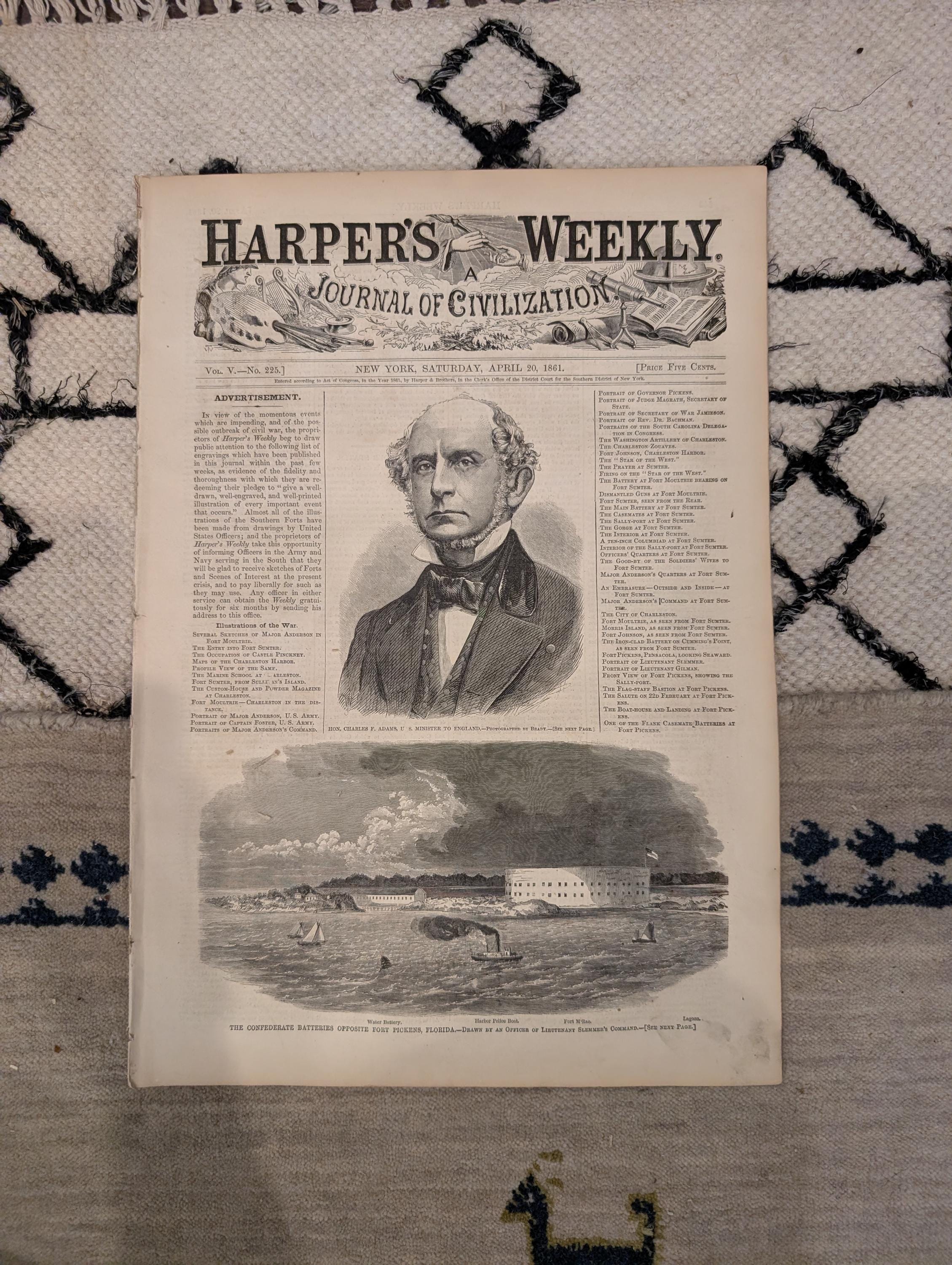 1861 Navy Fleet Fort Pickens Harper's Weekly April 20 Dahlgren Gun Dickens