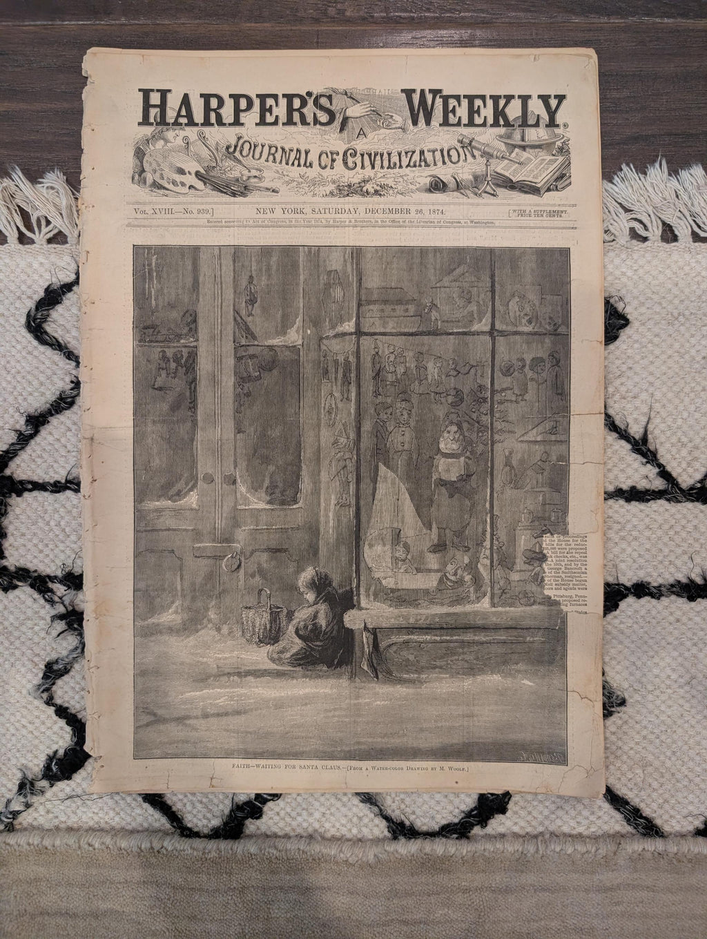 1874 Santa Claus Sleigh & Reindeer, Girl at Toy Store, Christmas Centerfold — Dec 26