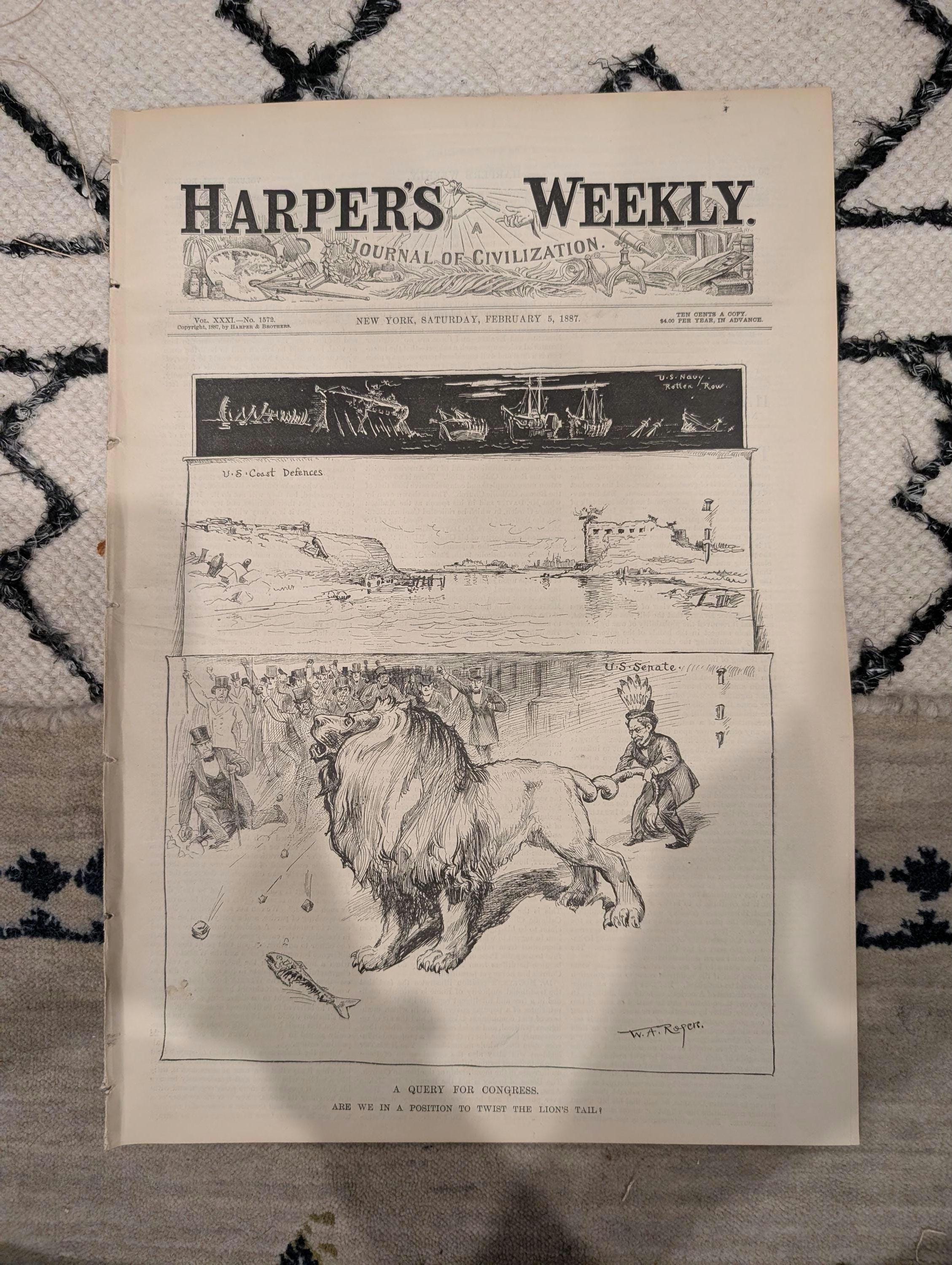 Harper’s Weekly – February 5, 1887, Original  • “Twist the Lion’s Tail” Front Page • Ice Carnival at St. Paul • Doublepage Centerf