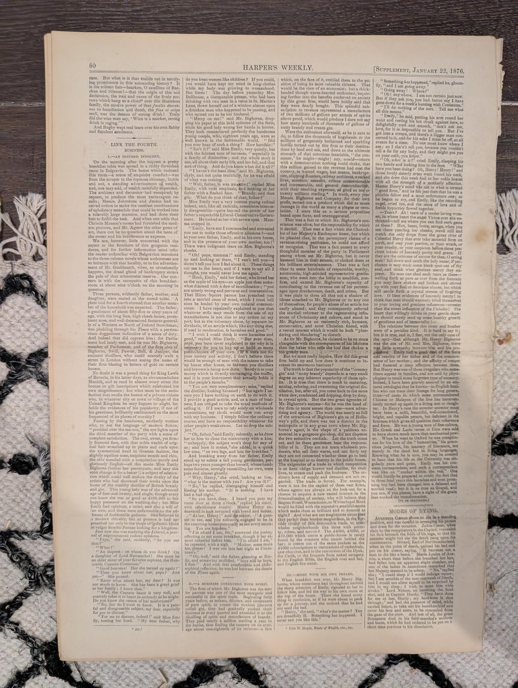 Harper’s Weekly January 22, 1876 – Victorian Engravings, Social History, Tiger Cartoon, Winter Sleigh Scene