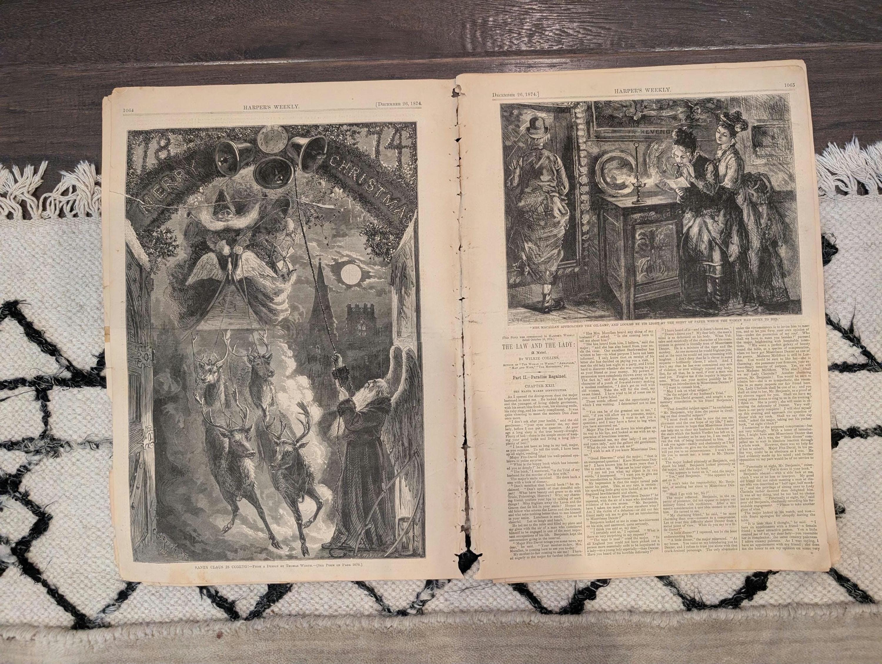 1874 Santa Claus Sleigh & Reindeer, Girl at Toy Store, Christmas Centerfold — Dec 26