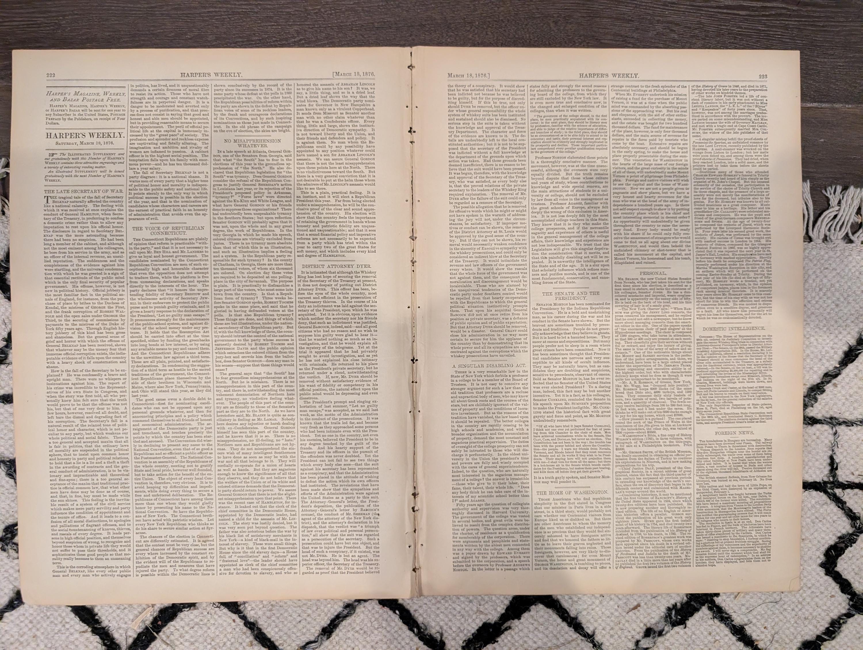 Harper’s Weekly Mar 18 1876 – Beacon Watch, Chinese Pirates, Royal Game-Tigers, Nast Cartoon, Complete with Supplement