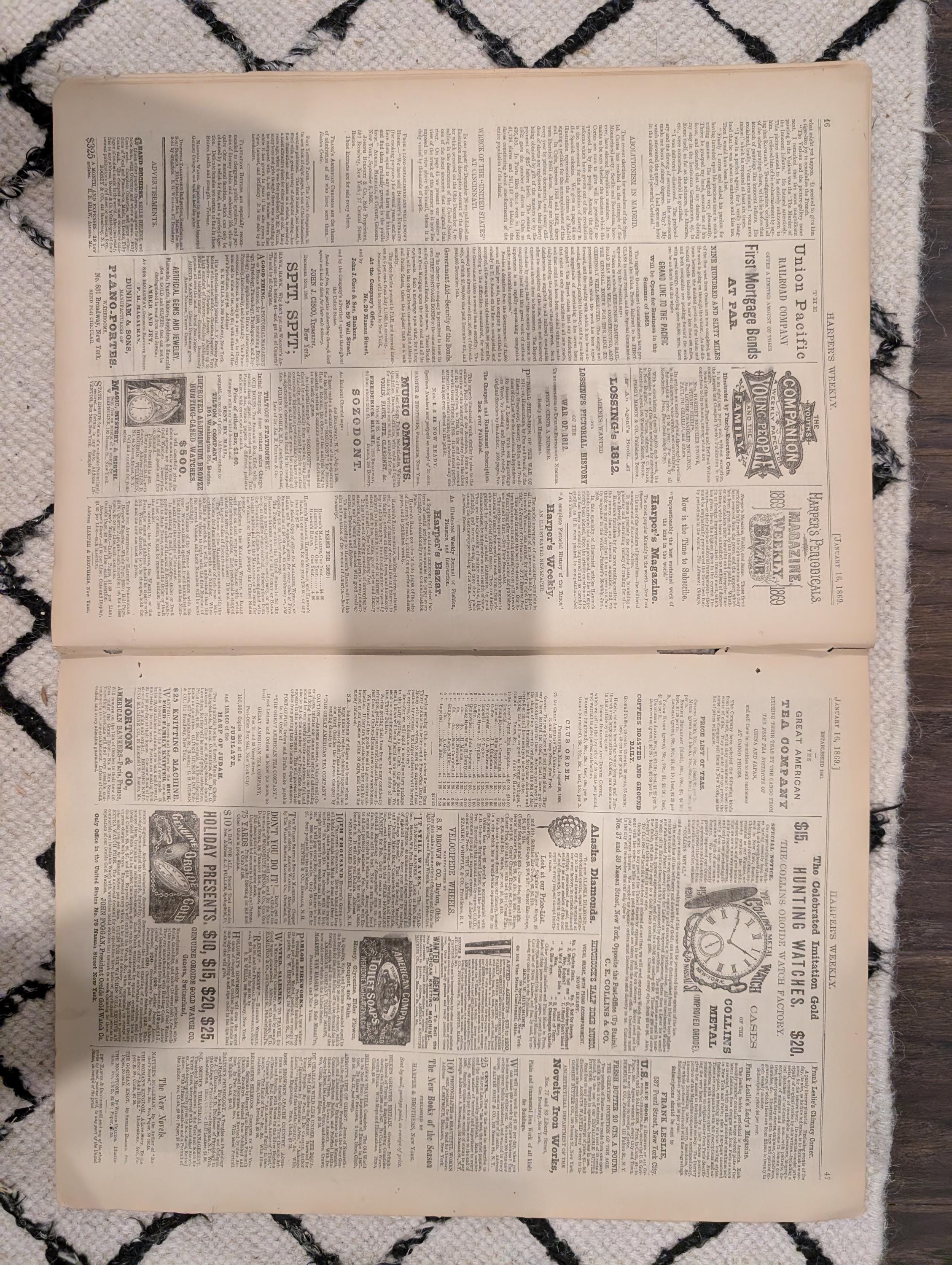 Harper’s Weekly, January 16, 1869 | Winslow Homer “Winter at Sea” | Ice Boats on the Hudson | Custer’s Scouts | Antique Newspaper