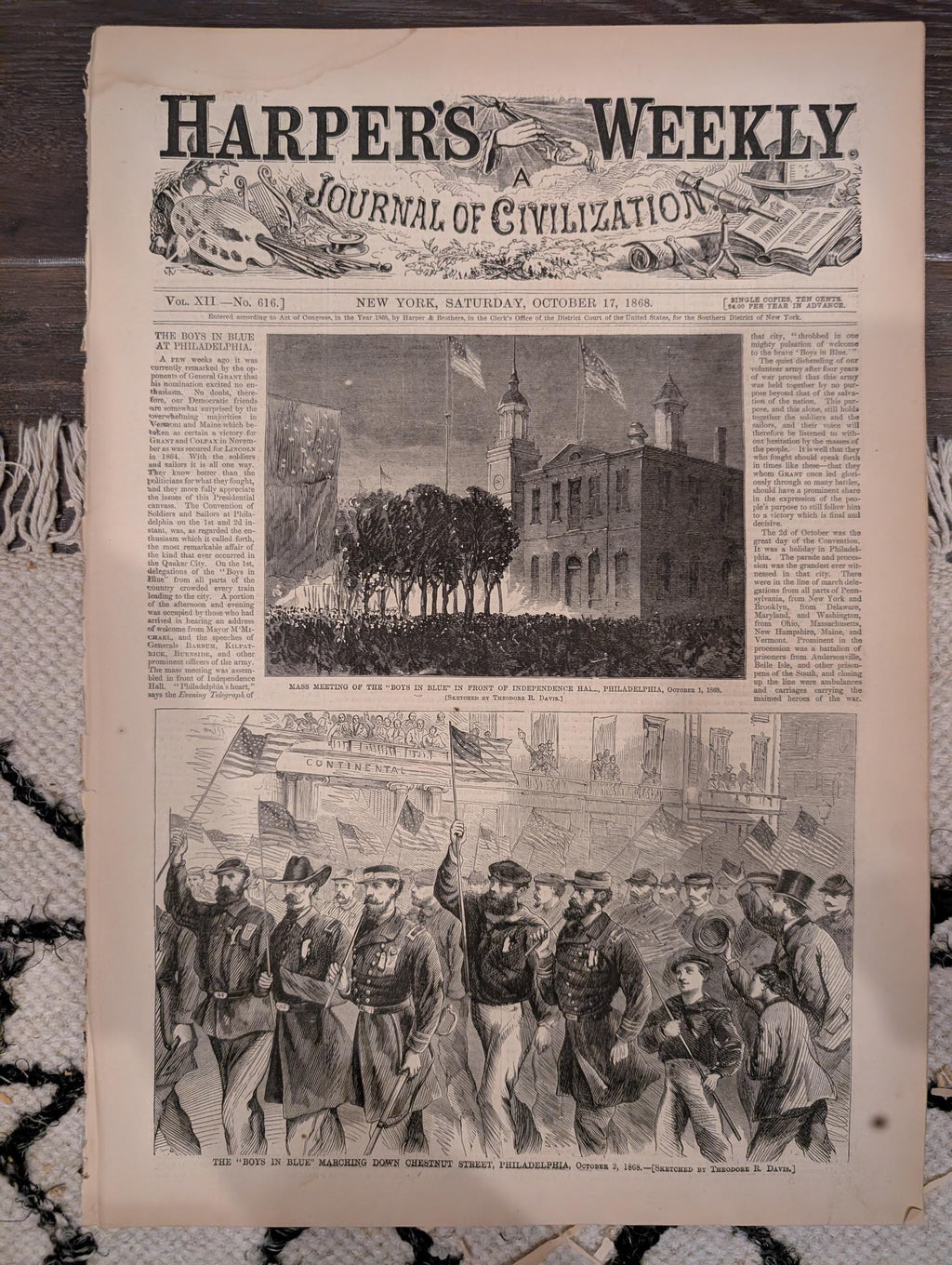 Harper’s Weekly – October 17, 1868 – Boys in Blue Parade • Life-Preserving Apparatus • Scenes in the Life of a Trapper • Indian Engagement