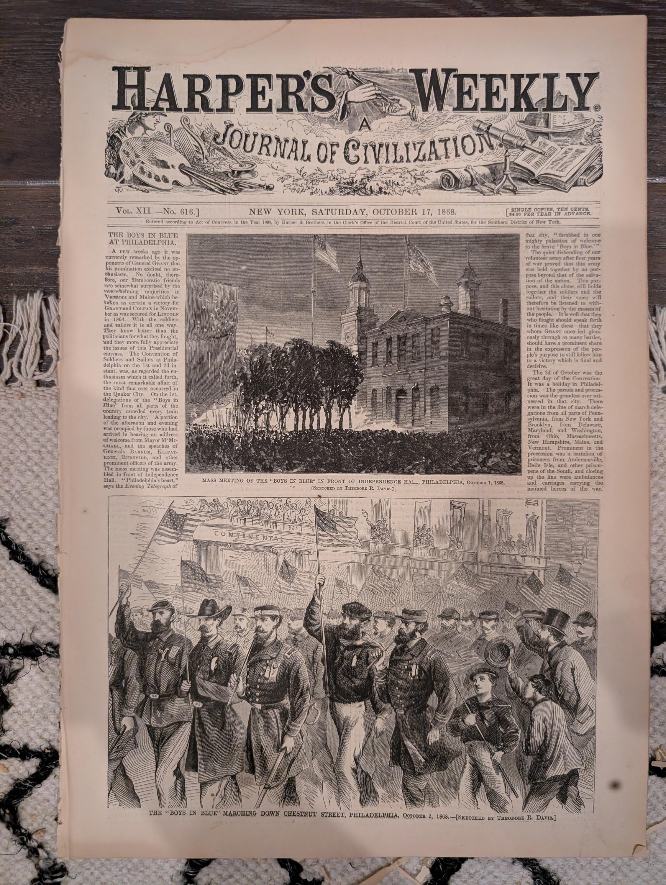 Harper’s Weekly – October 17, 1868 – Boys in Blue Parade • Life-Preserving Apparatus • Scenes in the Life of a Trapper • Indian Engagement