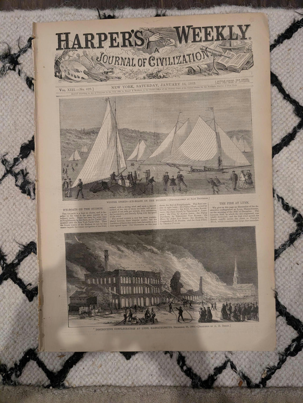 Harper’s Weekly, January 16, 1869 | Winslow Homer “Winter at Sea” | Ice Boats on the Hudson | Custer’s Scouts | Antique Newspaper