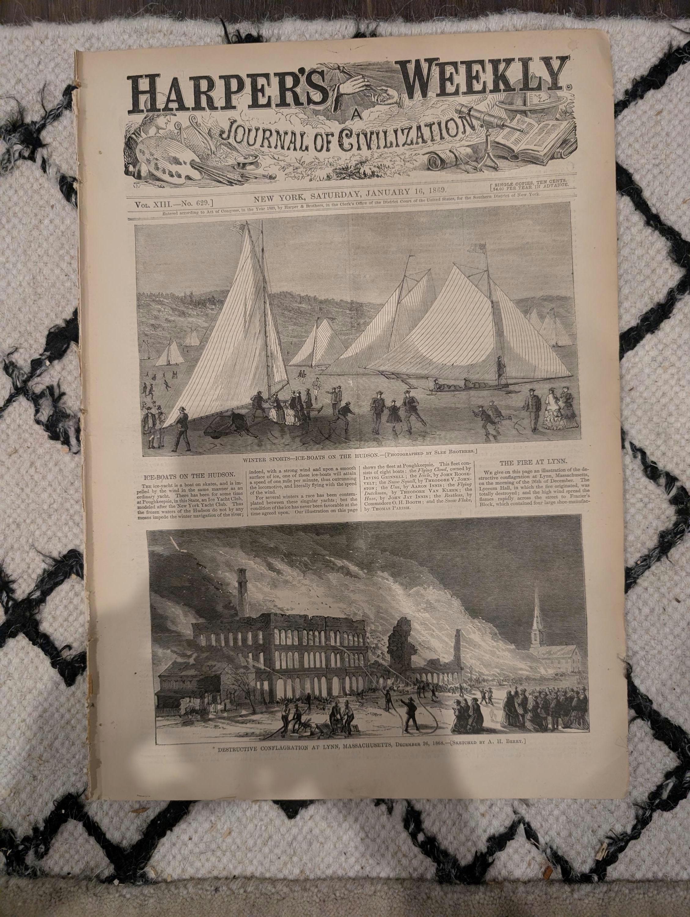 Harper’s Weekly, January 16, 1869 | Winslow Homer “Winter at Sea” | Ice Boats on the Hudson | Custer’s Scouts | Antique Newspaper