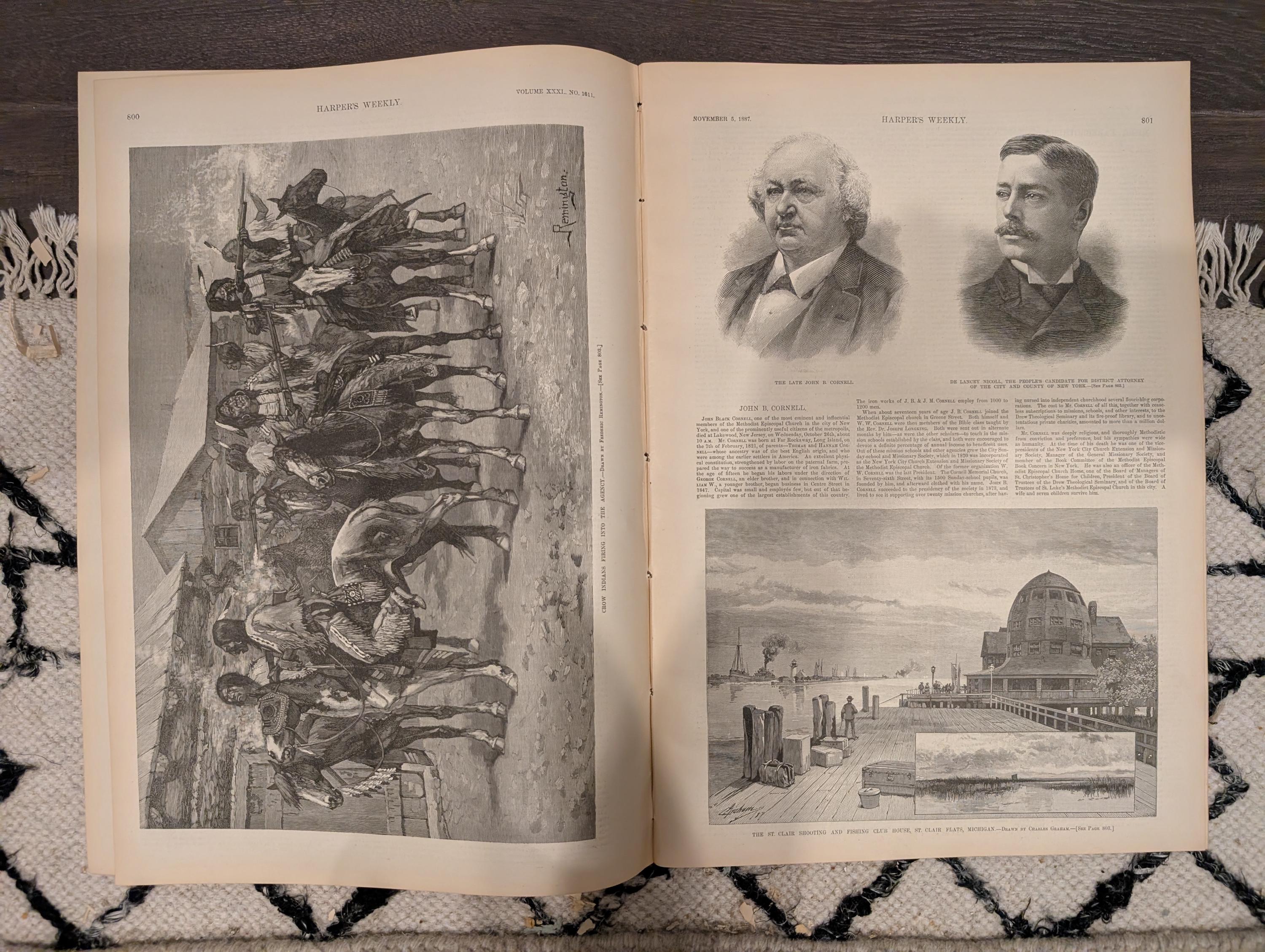 Harper’s Weekly Nov 5 1887 – Frederic Remington Crow Indians, Cavalry Drill, East River Bridge, Madison Sq Garden