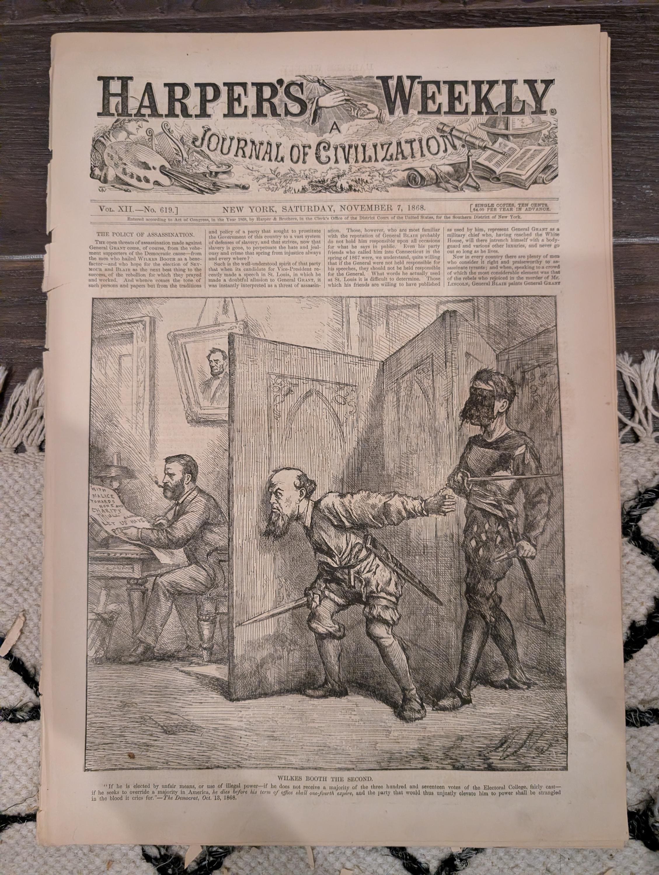 Harper’s Weekly – November 7, 1868 – Thomas Nast “Wilkes Booth the Second” • Richmond Market • Seville Giralda • Peru Earthquake