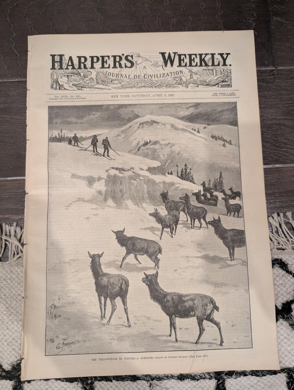 Harper’s Weekly – April 9, 1887 – Yellowstone in Winter, Elk Encounter, Old Faithful, Wild West Satire + NC “New South” Supplement
