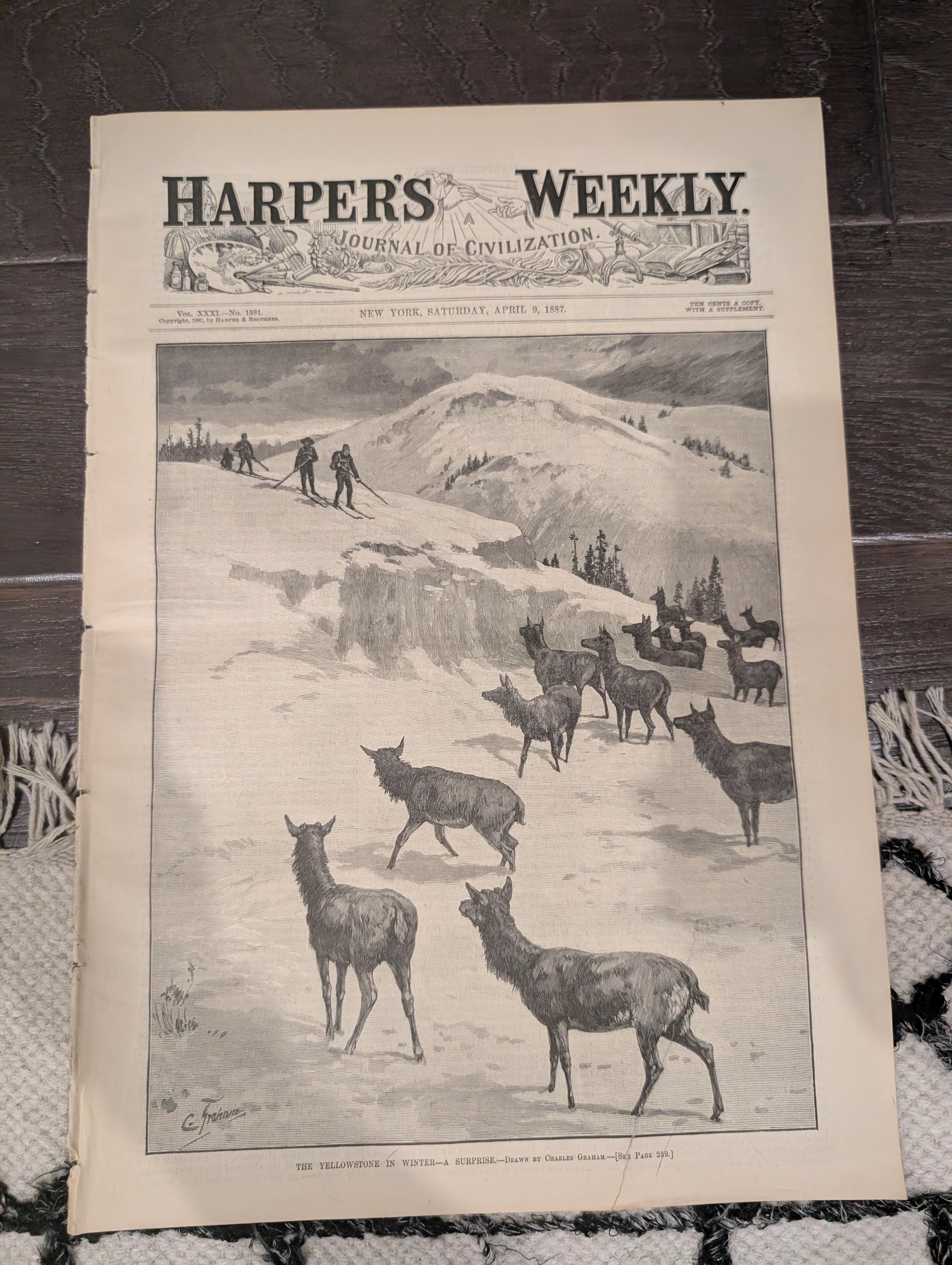 Harper’s Weekly – April 9, 1887 – Yellowstone in Winter, Elk Encounter, Old Faithful, Wild West Satire + NC “New South” Supplement