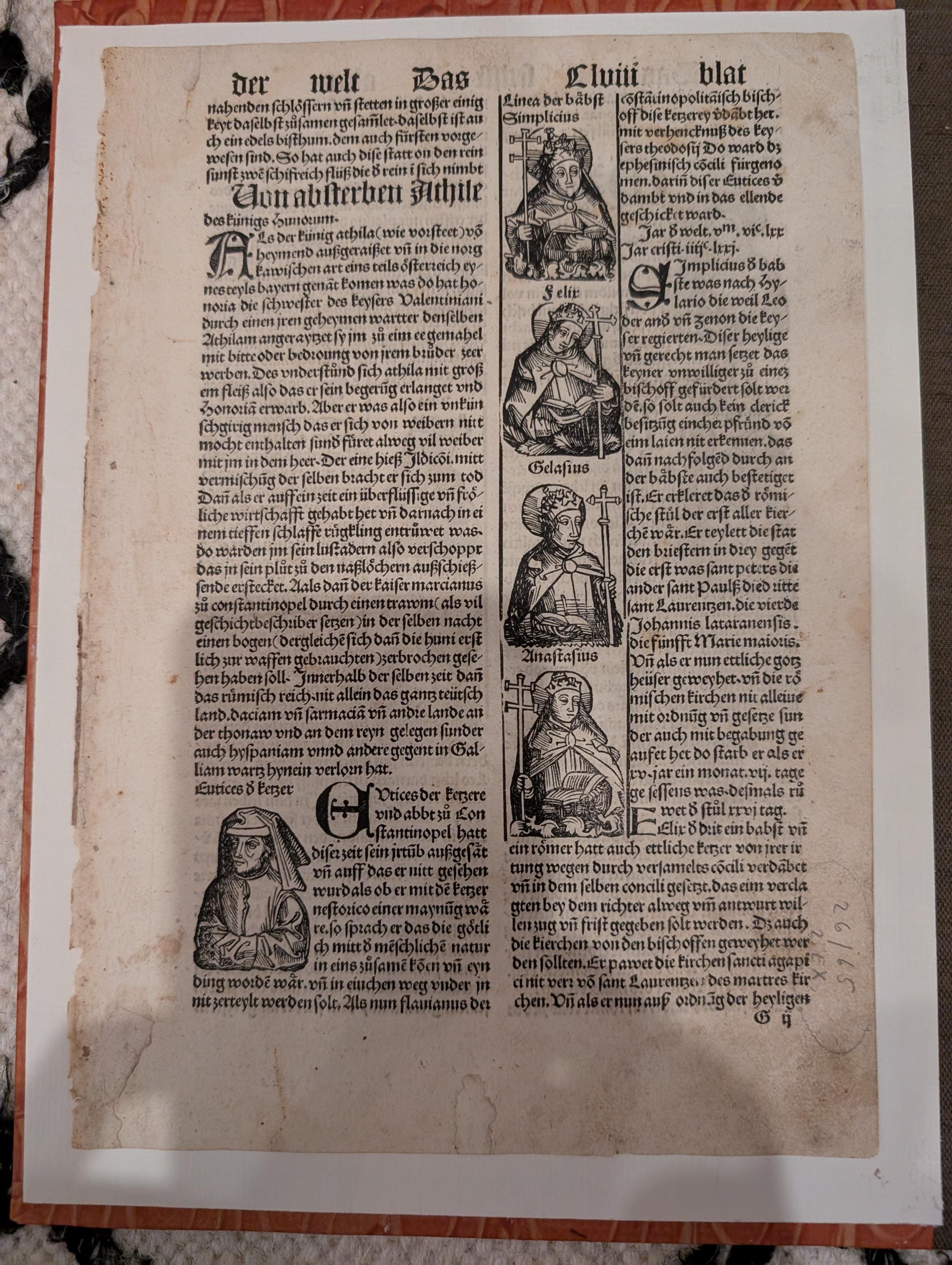 1496 Nuremberg Chronicle Leaf — Popes & Clergy Woodcuts — Original 15th Century Incunable Page