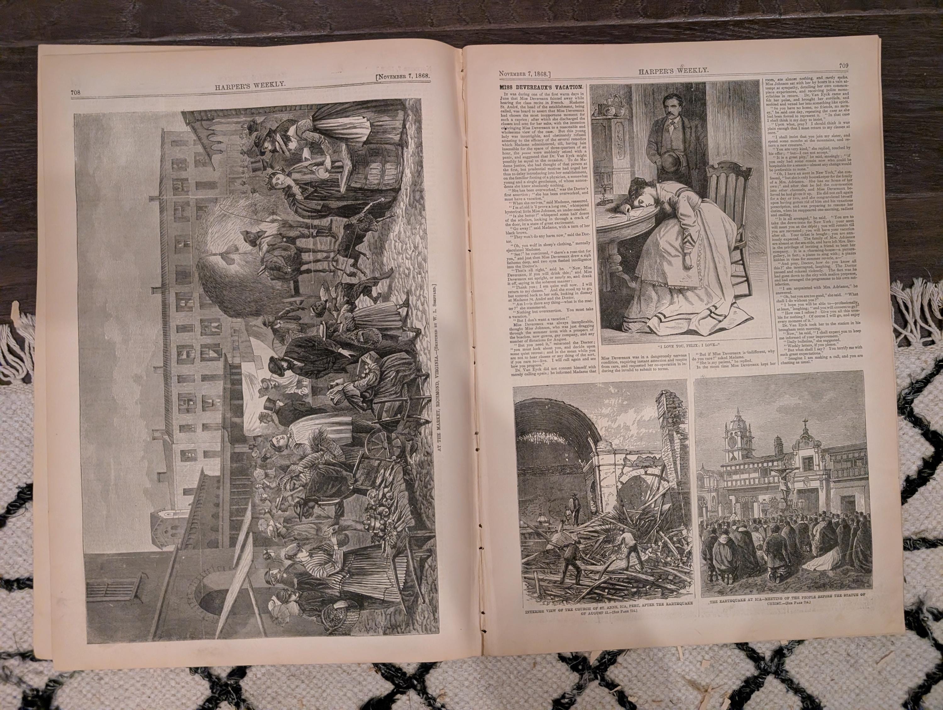 Harper’s Weekly – November 7, 1868 – Thomas Nast “Wilkes Booth the Second” • Richmond Market • Seville Giralda • Peru Earthquake