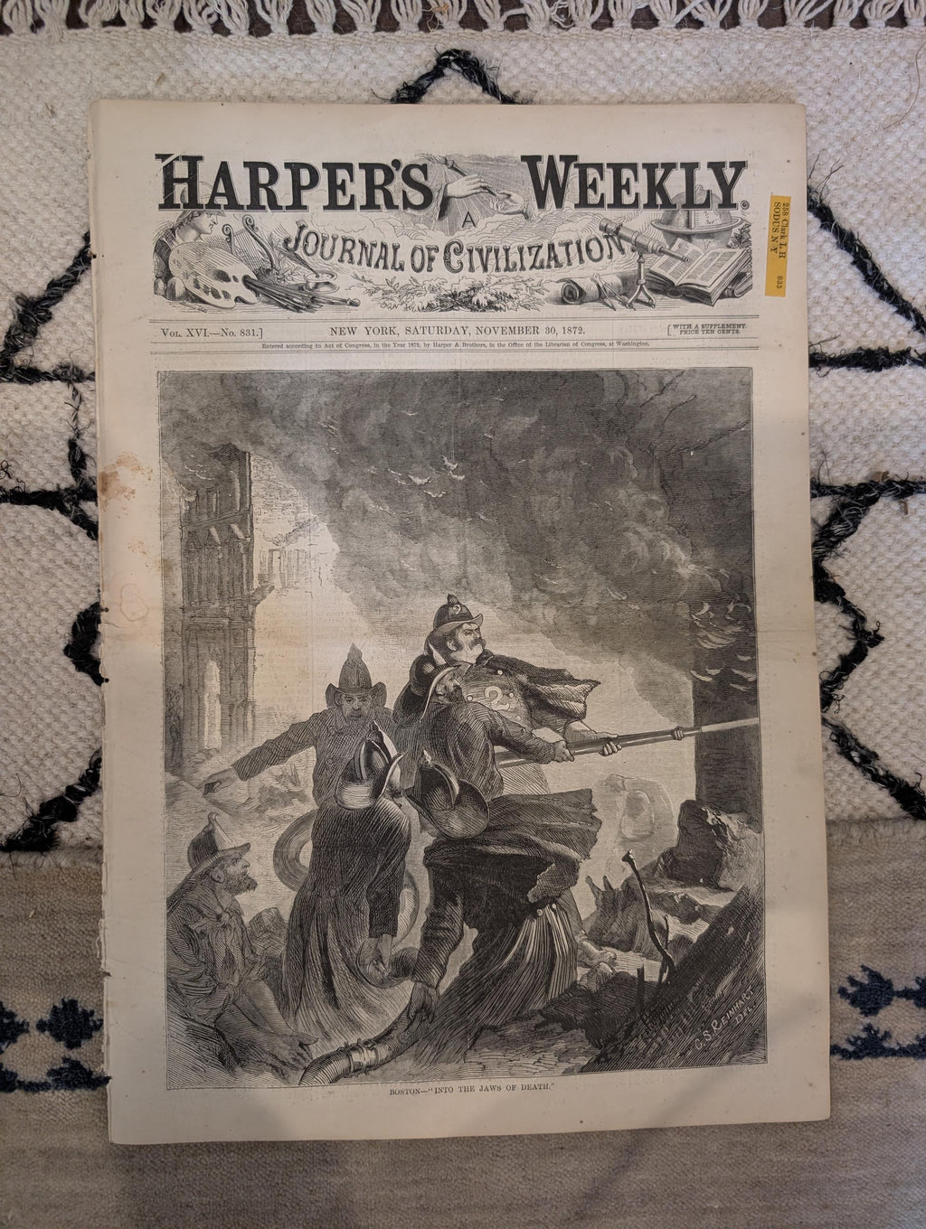 1872 Boston Fire Department Bird's Eye Harper's Weekly Nov 30 Church