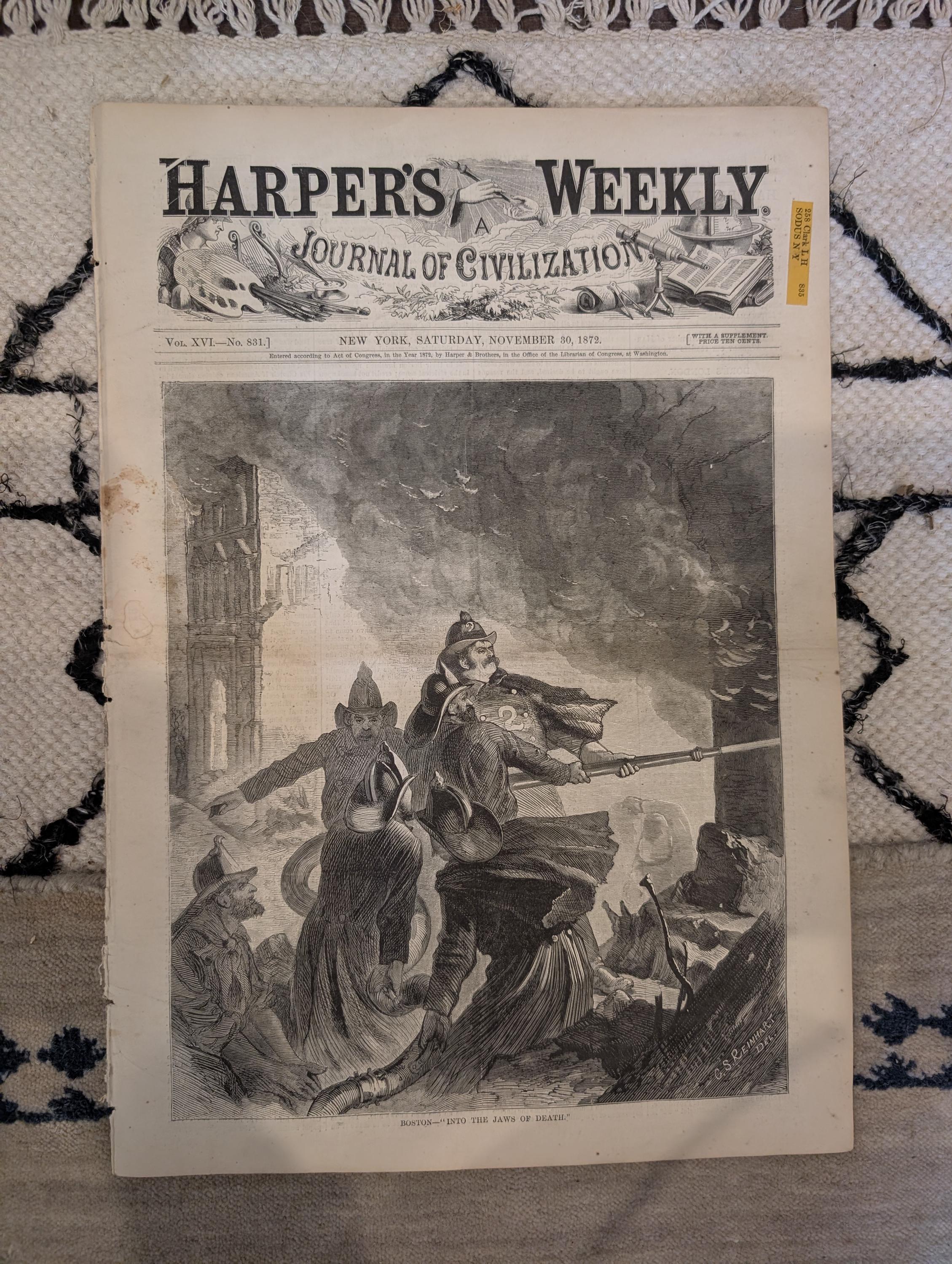 1872 Boston Fire Department Bird's Eye Harper's Weekly Nov 30 Church