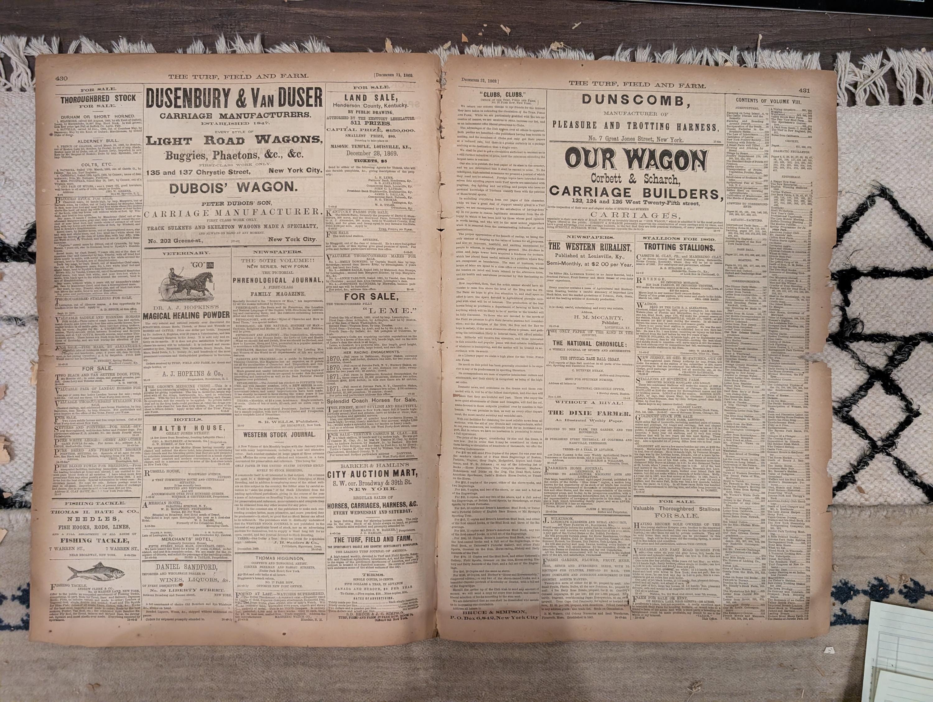 1869 Turf Field and Farm — New Year's Eve, Fox Hunting, Baseball, Full Year Index, Dec 31