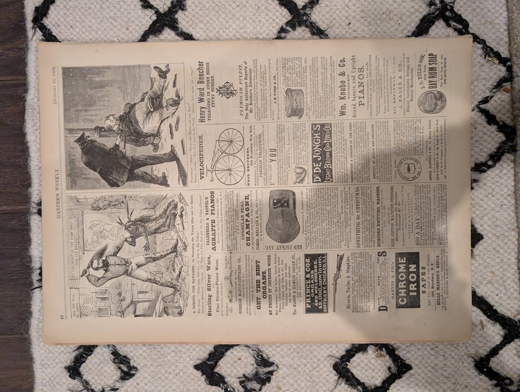 Harper’s Weekly, January 16, 1869 | Winslow Homer “Winter at Sea” | Ice Boats on the Hudson | Custer’s Scouts | Antique Newspaper