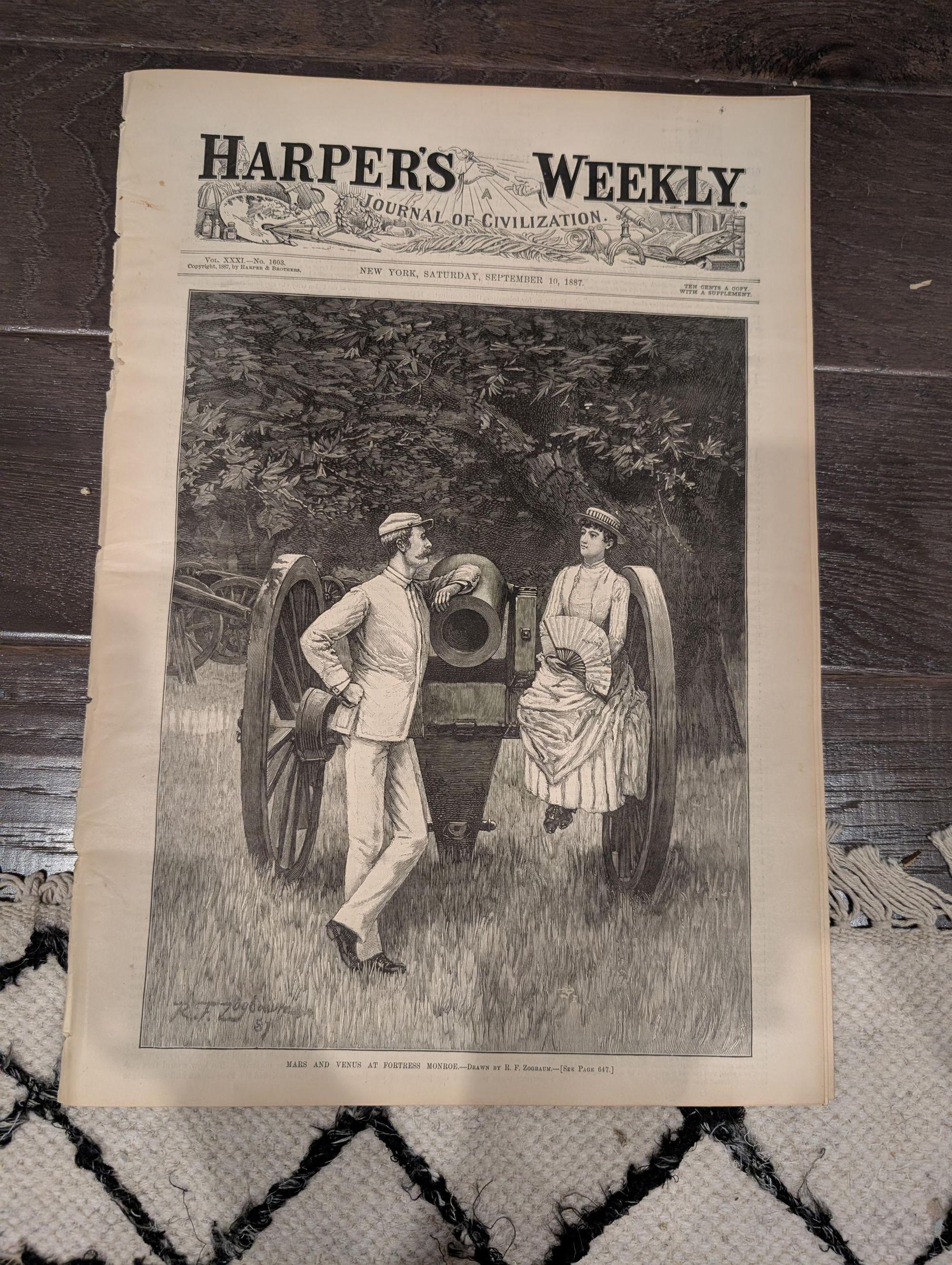 1887 Early Baseball, Harpers Weekly September 10  Iconic Thrown Out On Second Baseball Centerfold, Fortress Monroe Cover, Castine Maine