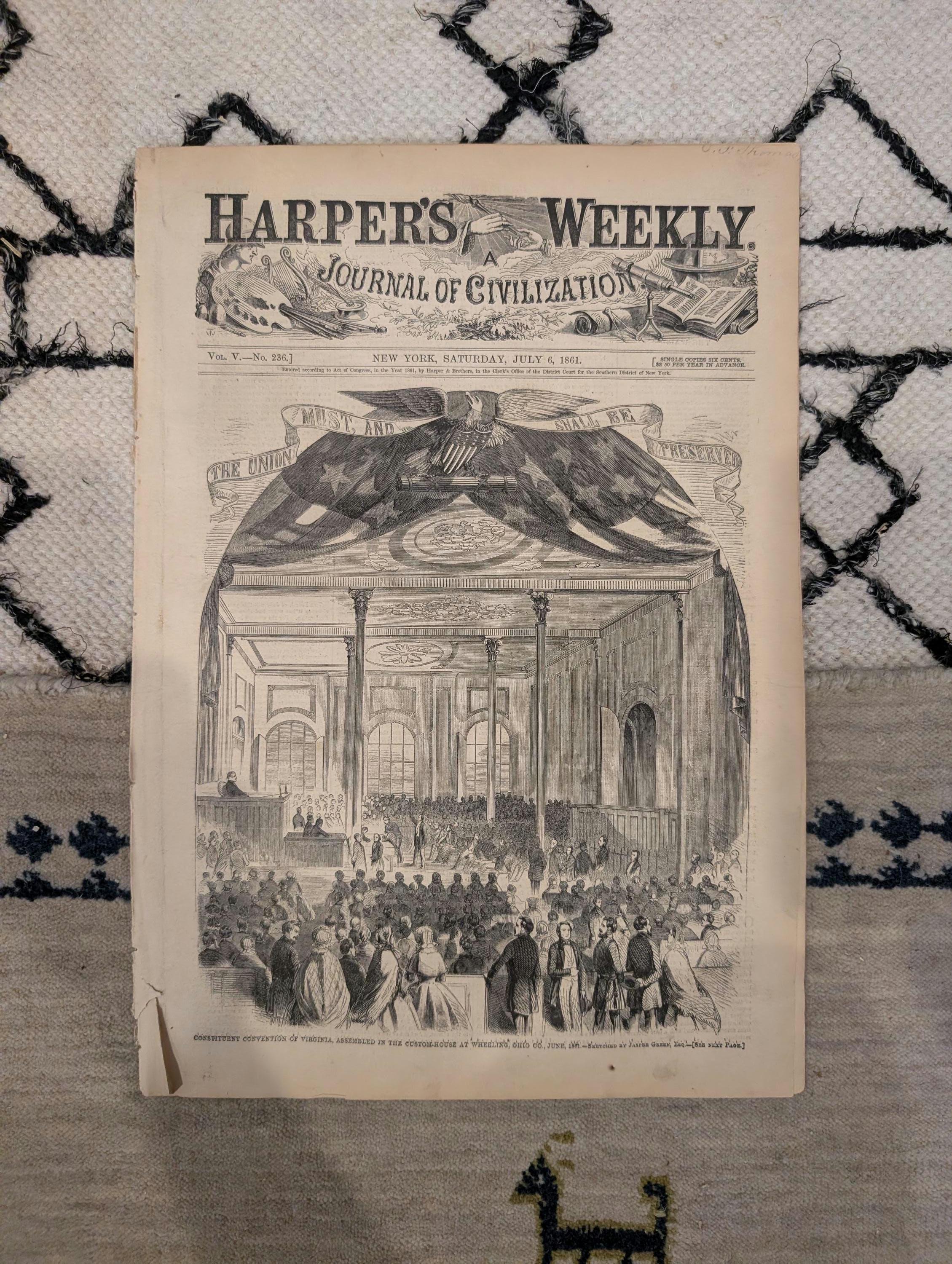 1861 Harper's Ferry Evacuation Harper's Weekly July 06 Mississippi River Map