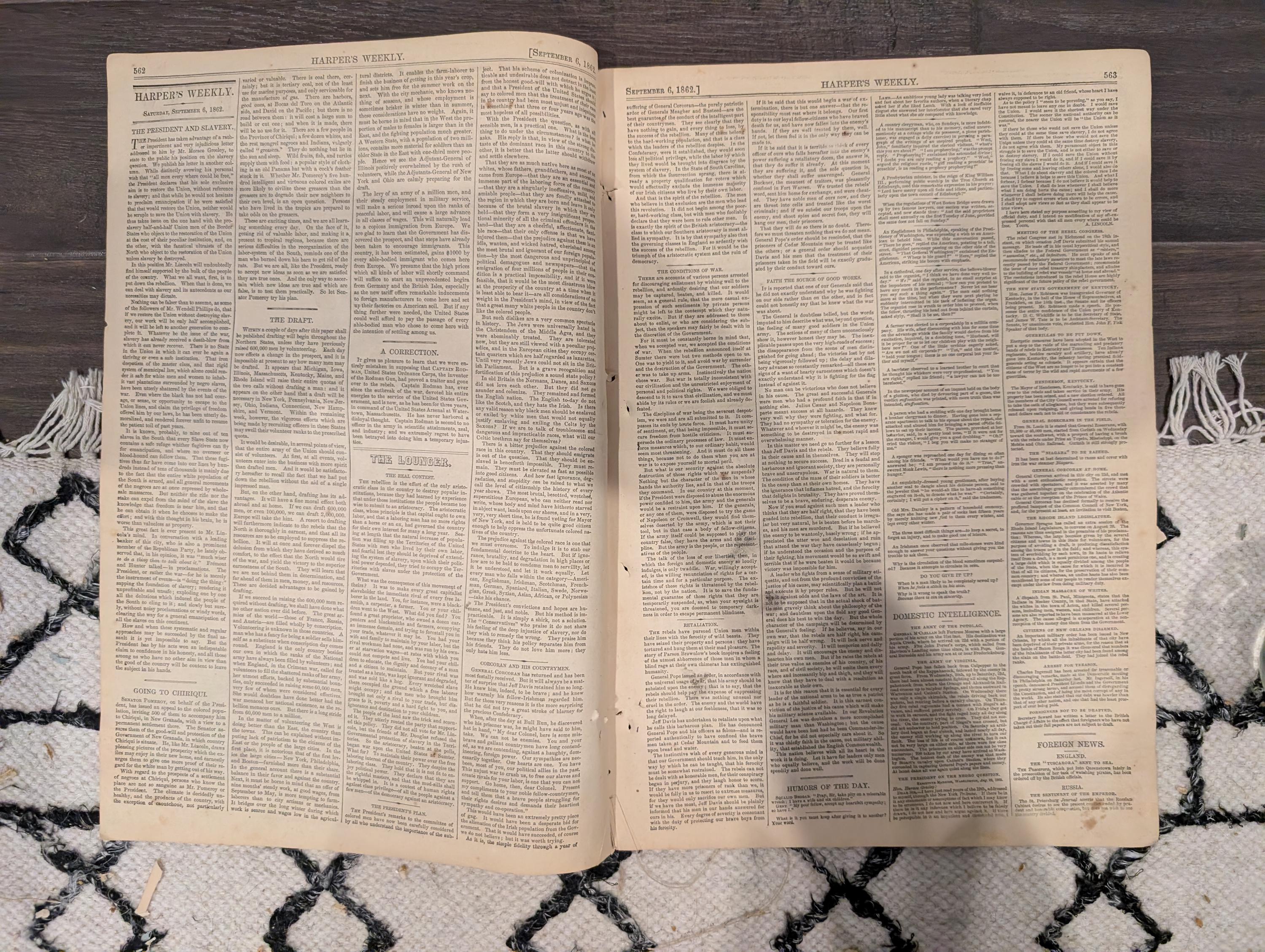 Harper's Weekly September 6 1862 Lincoln Letter to Greeley Winslow Homer Centerfold Civil War Ironclads Baton Rouge
