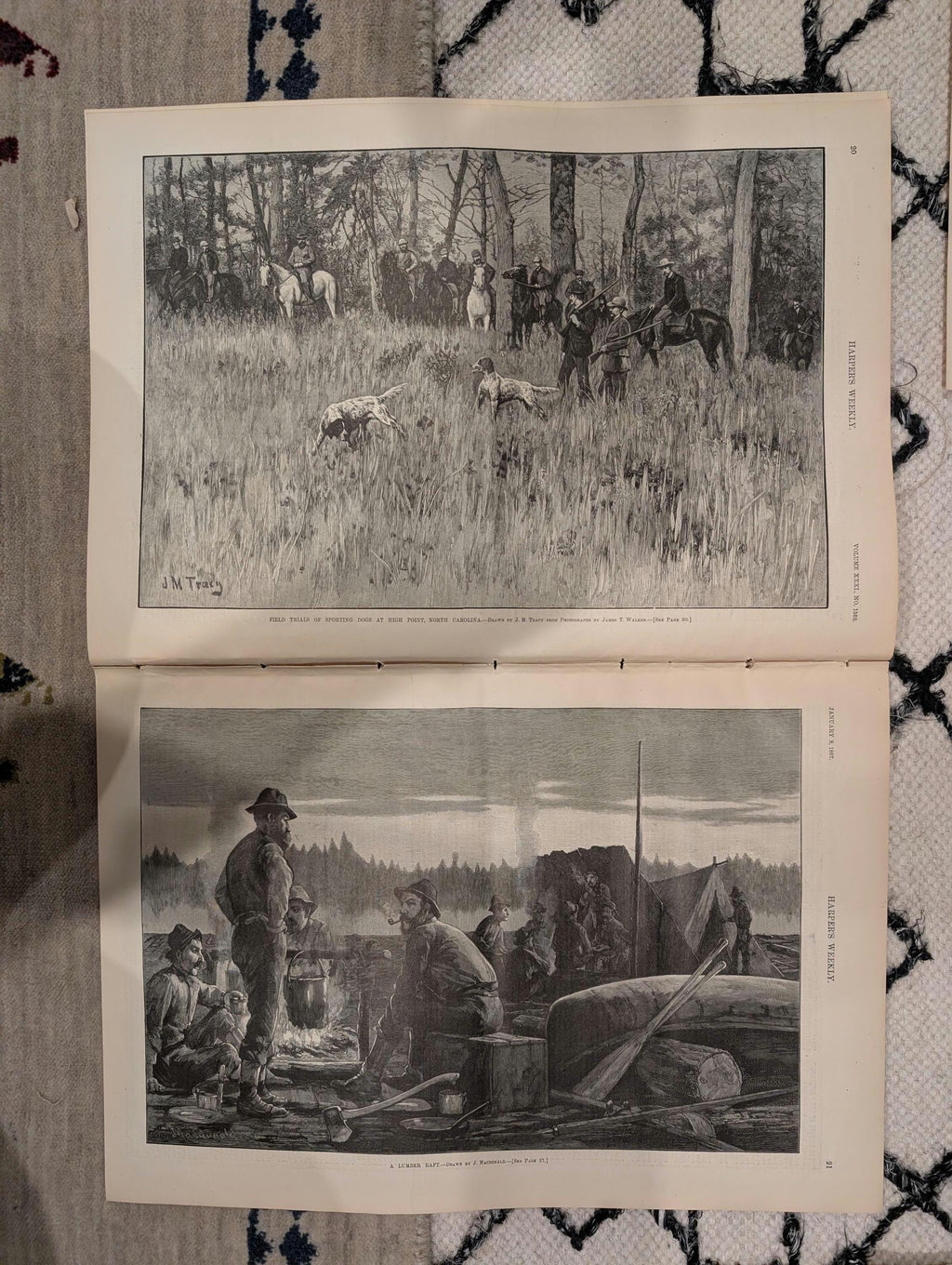 Harper’s Weekly – January 8, 1887,  Dramatic Fire Scene • Sporting Dogs • Lumber Raft • General Logan Fu