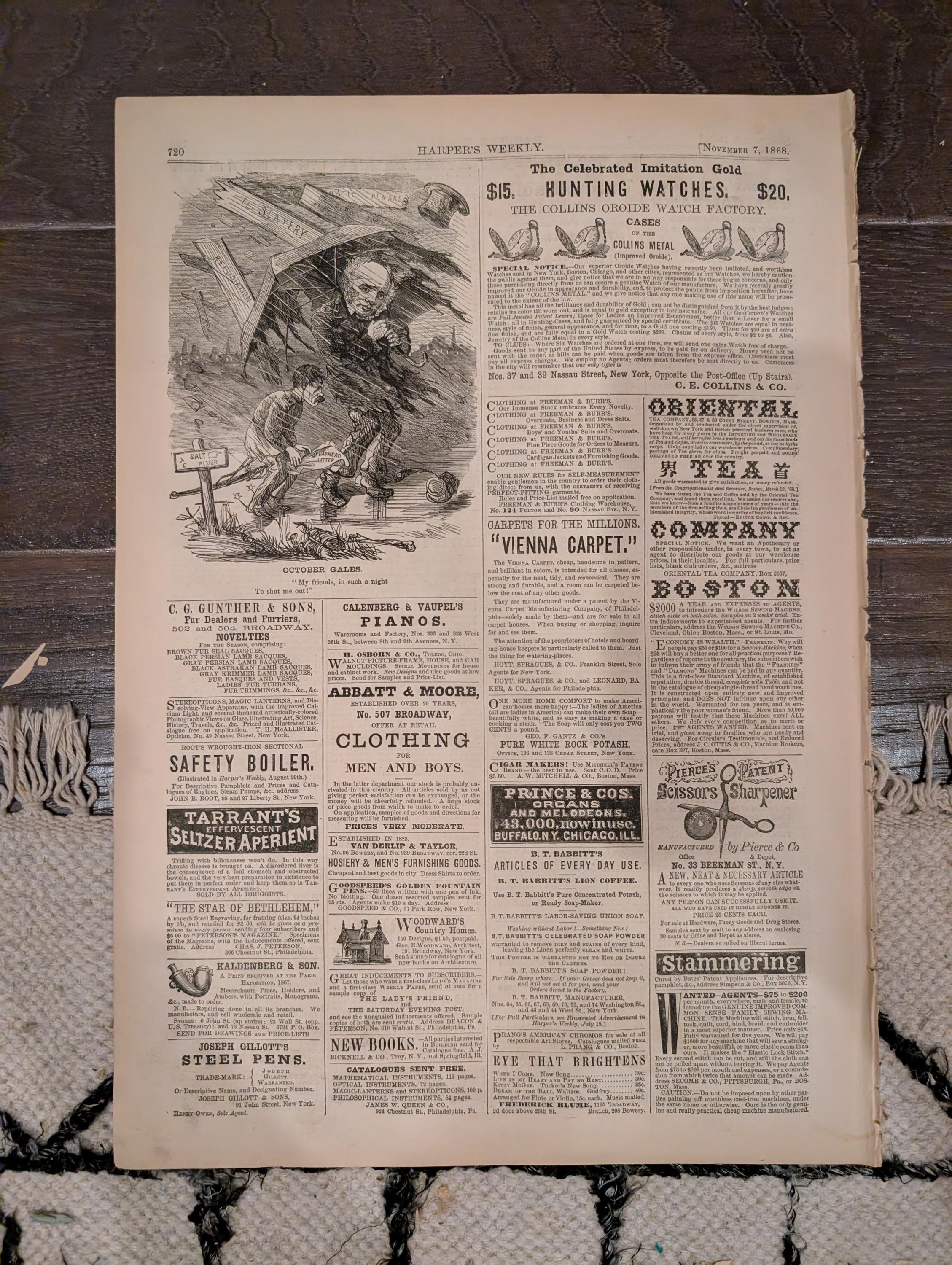 Harper’s Weekly – November 7, 1868 – Thomas Nast “Wilkes Booth the Second” • Richmond Market • Seville Giralda • Peru Earthquake