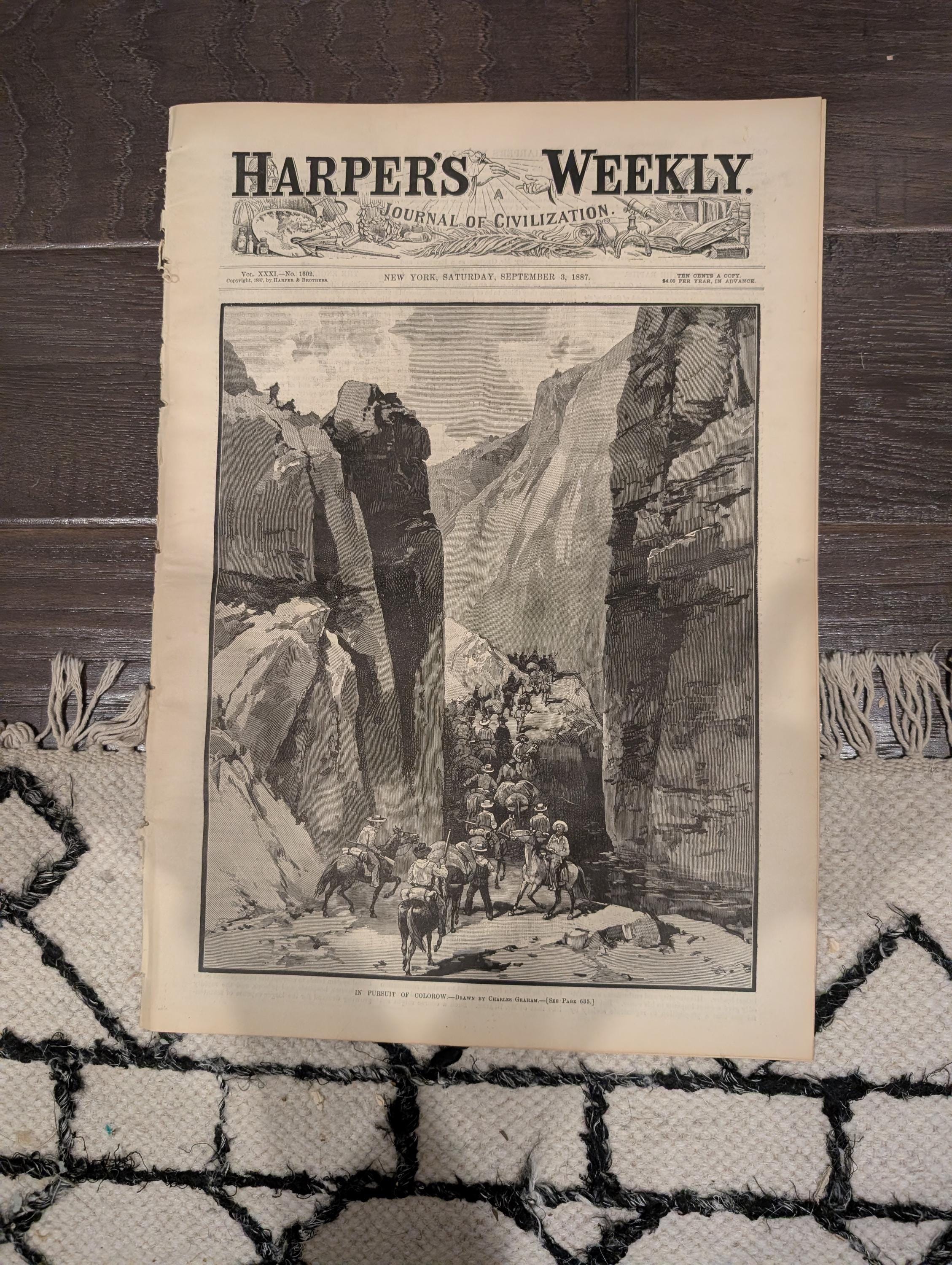 Harper’s Weekly September 3 1887 – In Pursuit of Colorow Ute War Cover, Castle Garden Centerfold, Camden Maine, Complete Issue