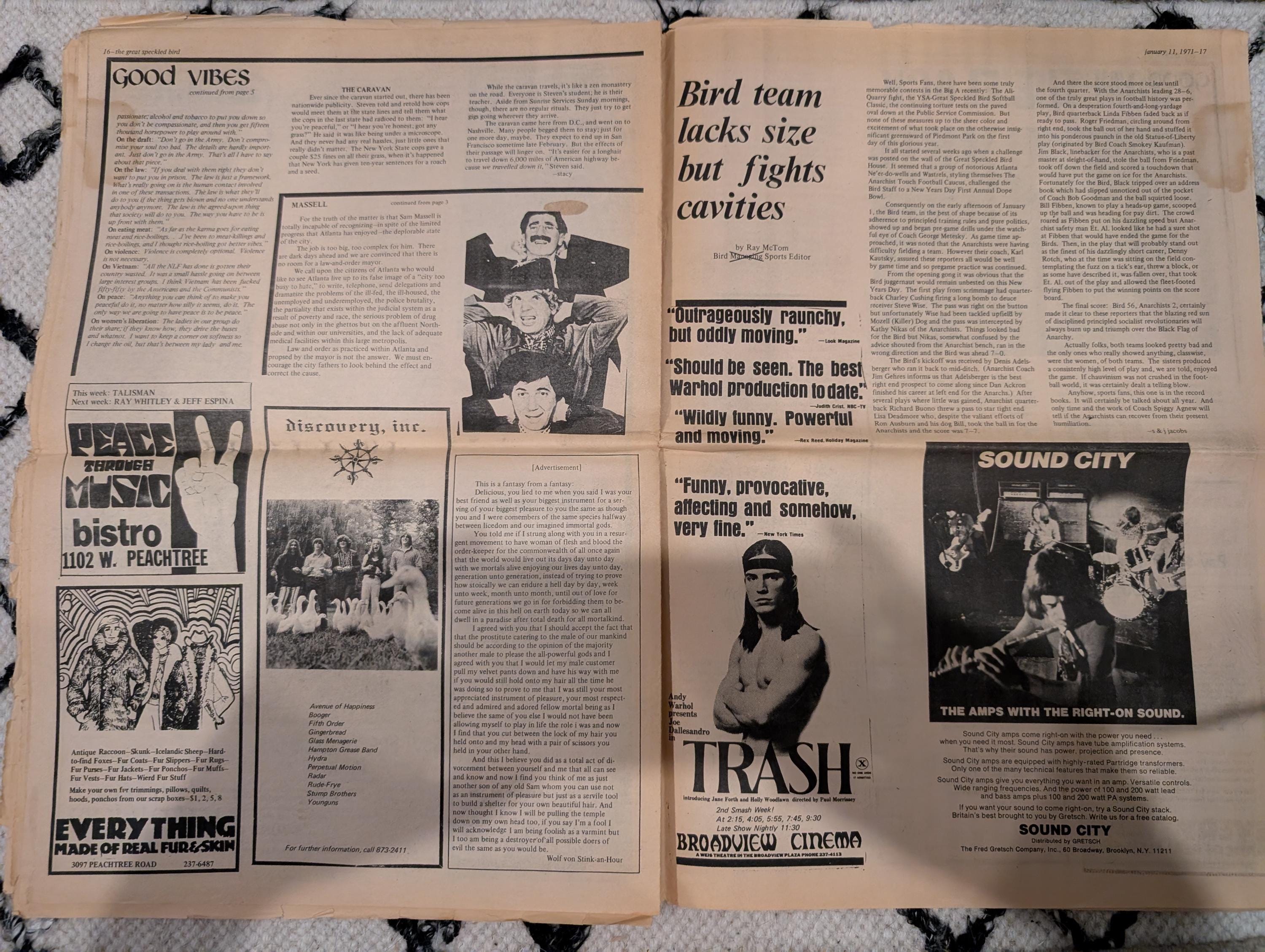 The Great Speckled Bird | January 11, 1971 | Underground Newspaper | Black Panther Trial, Nixon, CIA & Dope, Hampton Grease Band