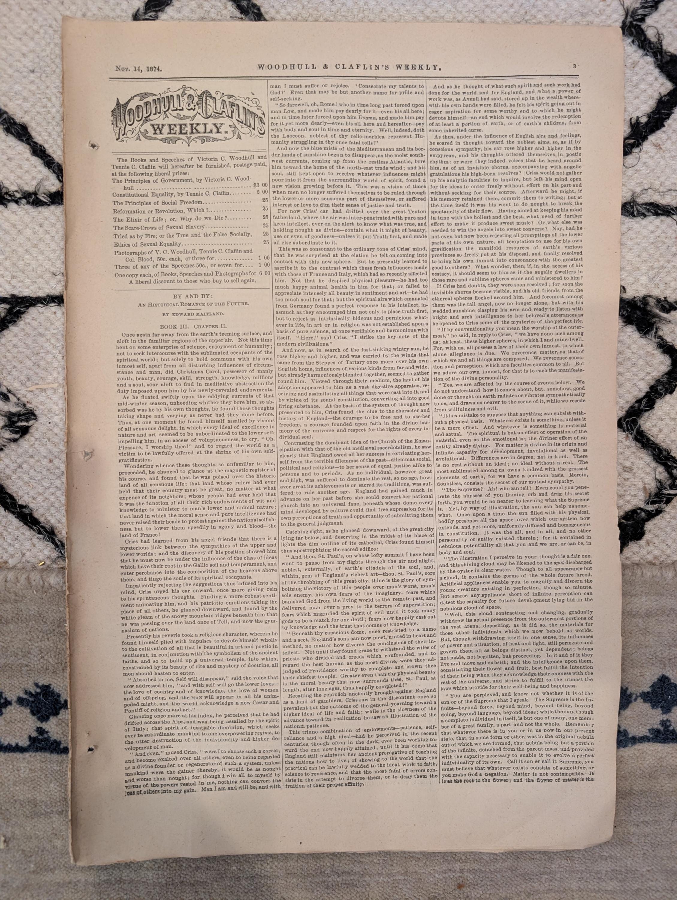 1874 Woodhull & Claflin's Weekly — Victoria Woodhull, St. Paul's, Spirit — Nov 14