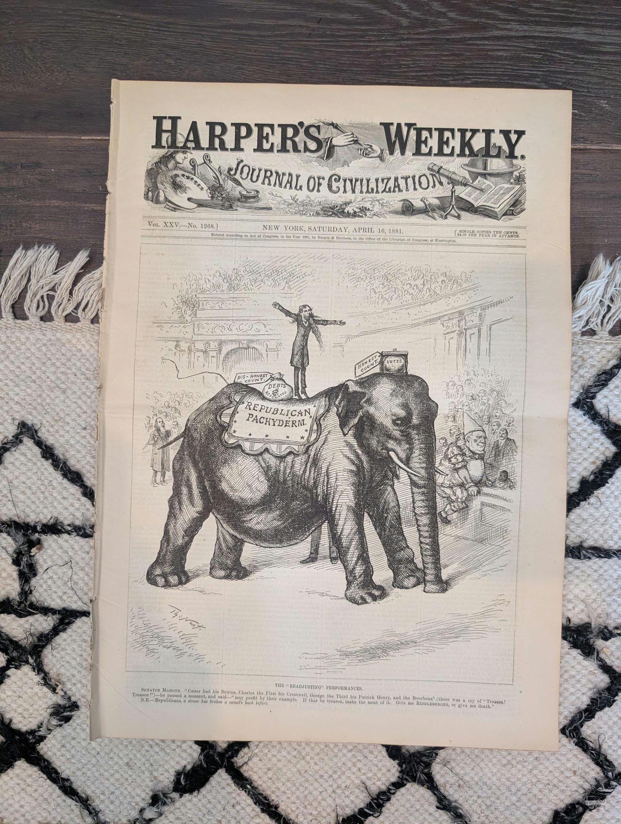 1881 Nast Republican Elephant Front Page, Seal Hunting, Life-Saving Service  Apr 16