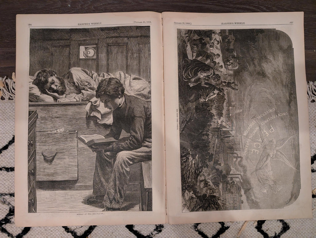 Harper’s Weekly – October 31, 1868 – Winslow Homer “Our Next President” • Chicago Cattle Market • Cadiz & Haiti Naval Scenes • Peru Earthqua